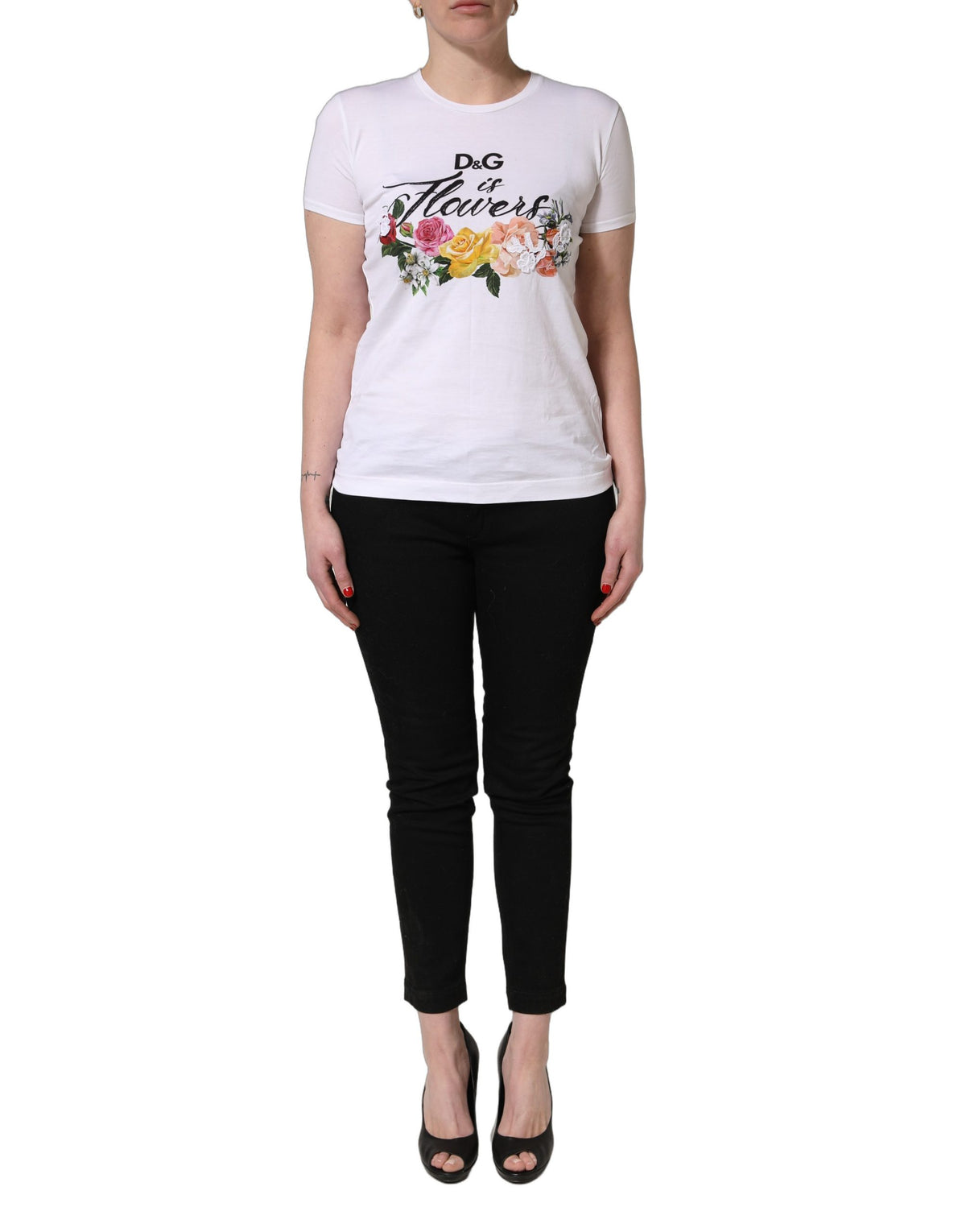 Dolce & Gabbana White Floral Graphic Short Sleeve Crew Neck Women's T-shirt (Pre-Owned)