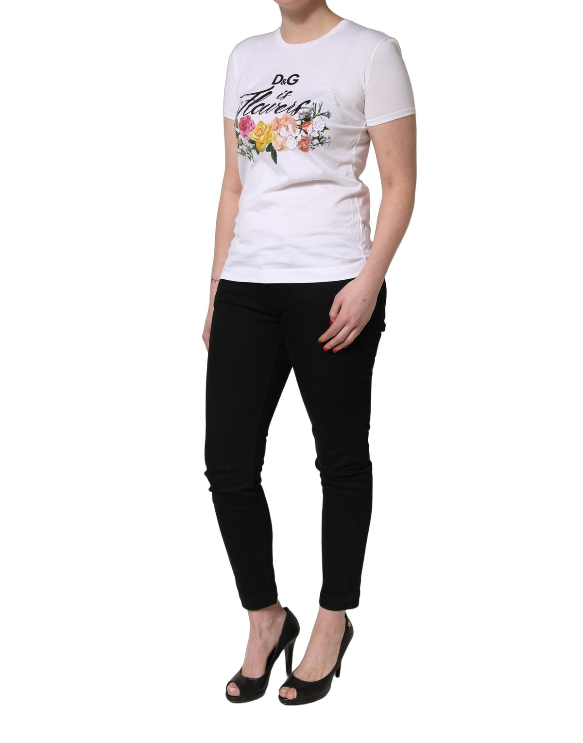 Dolce & Gabbana White Floral Graphic Short Sleeve Crew Neck Women's T-shirt (Pre-Owned)