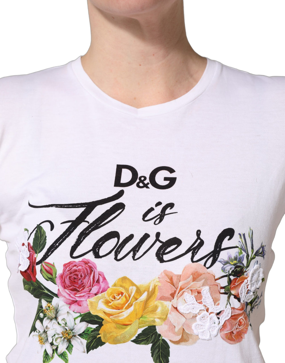 Dolce & Gabbana White Floral Graphic Short Sleeve Crew Neck Women's T-shirt (Pre-Owned)