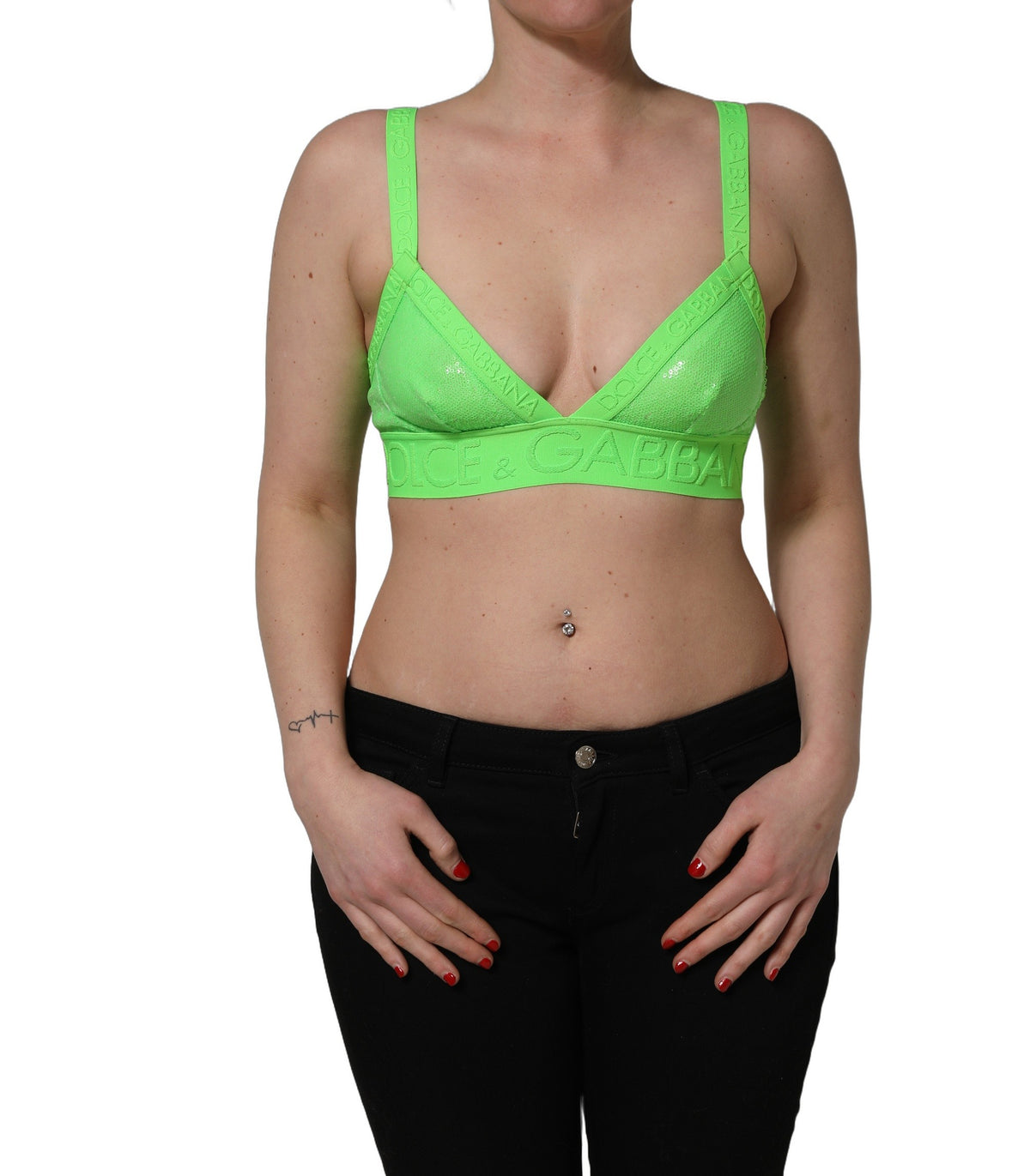 Dolce & Gabbana Neon Green Soft Cup Logo-Trim Bra Cropped Women's Top