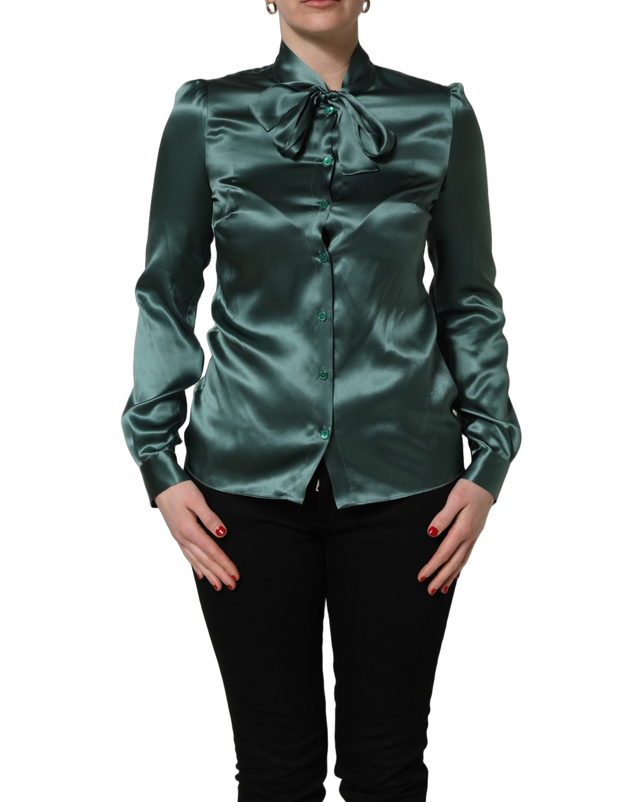 Dolce & Gabbana Dark Green Silk Satin Blouse Neck Tie Women's Top (Pre-Owned)