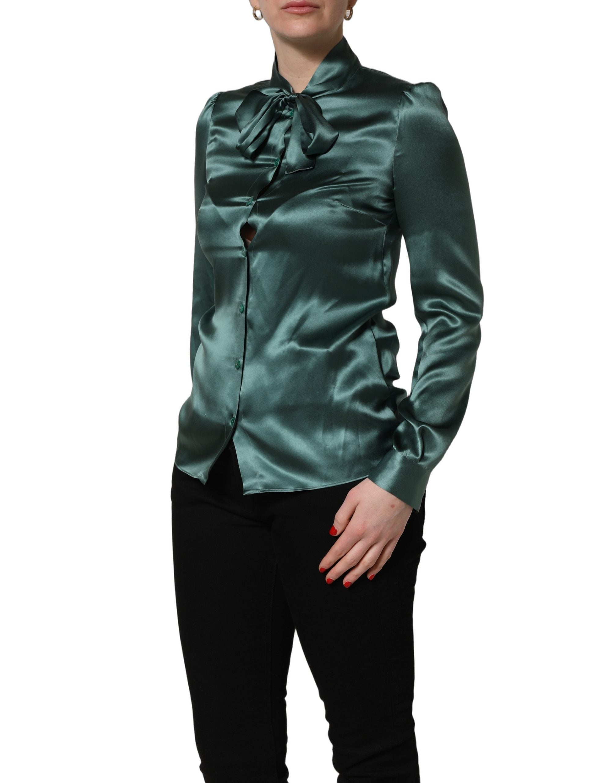 Dolce & Gabbana Dark Green Silk Satin Blouse Neck Tie Women's Top (Pre-Owned)