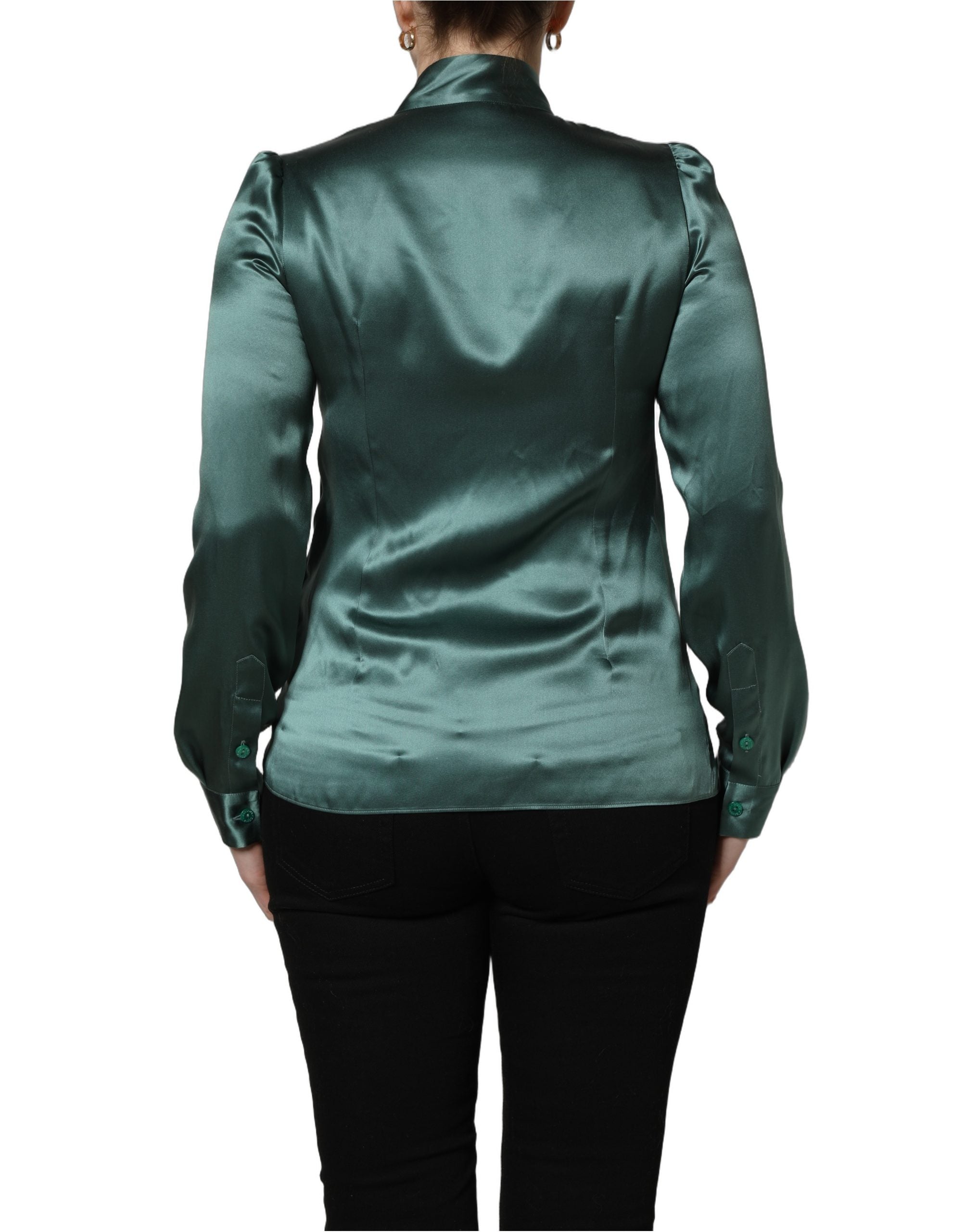 Dolce & Gabbana Dark Green Silk Satin Blouse Neck Tie Women's Top (Pre-Owned)