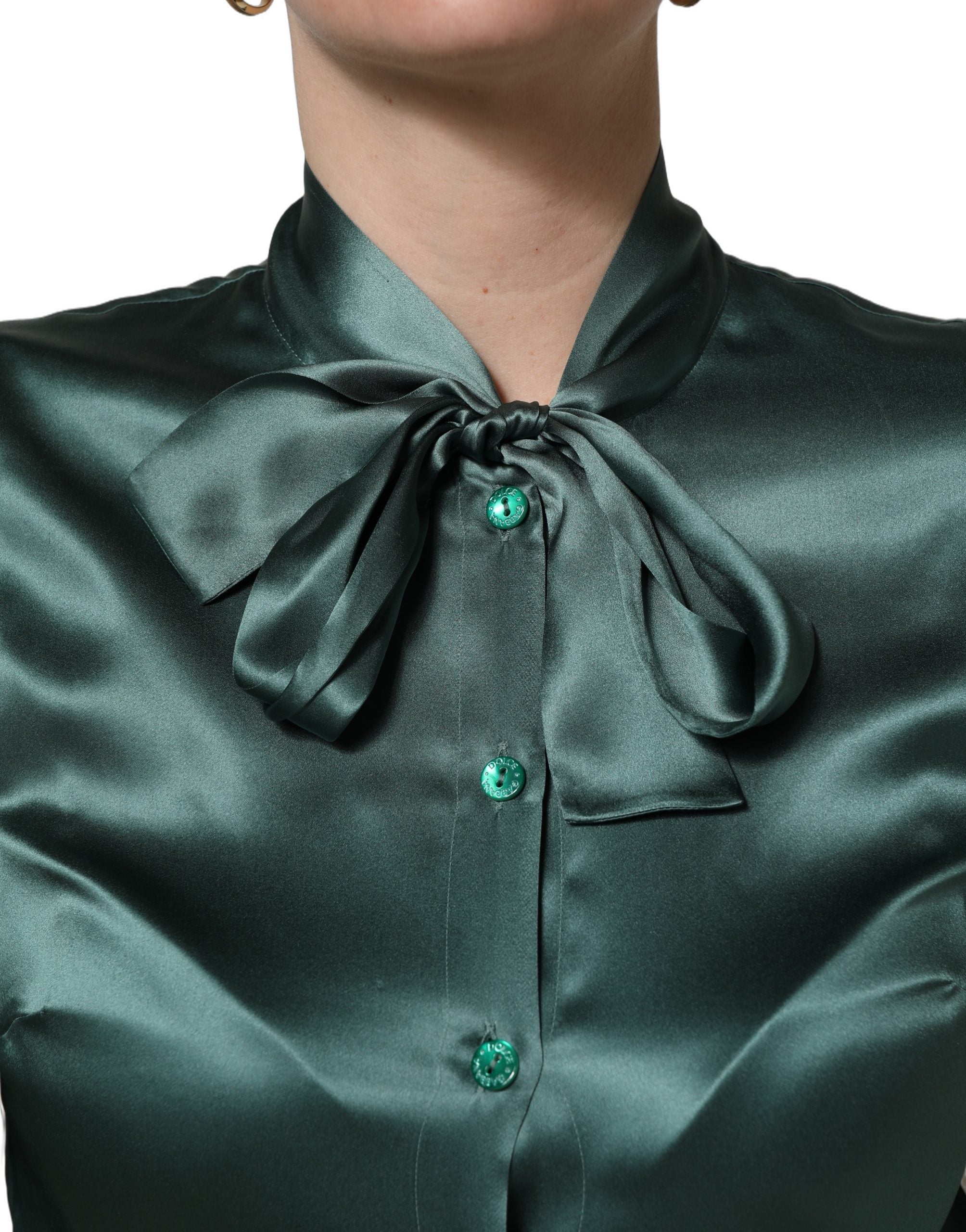 Dolce & Gabbana Dark Green Silk Satin Blouse Neck Tie Women's Top (Pre-Owned)
