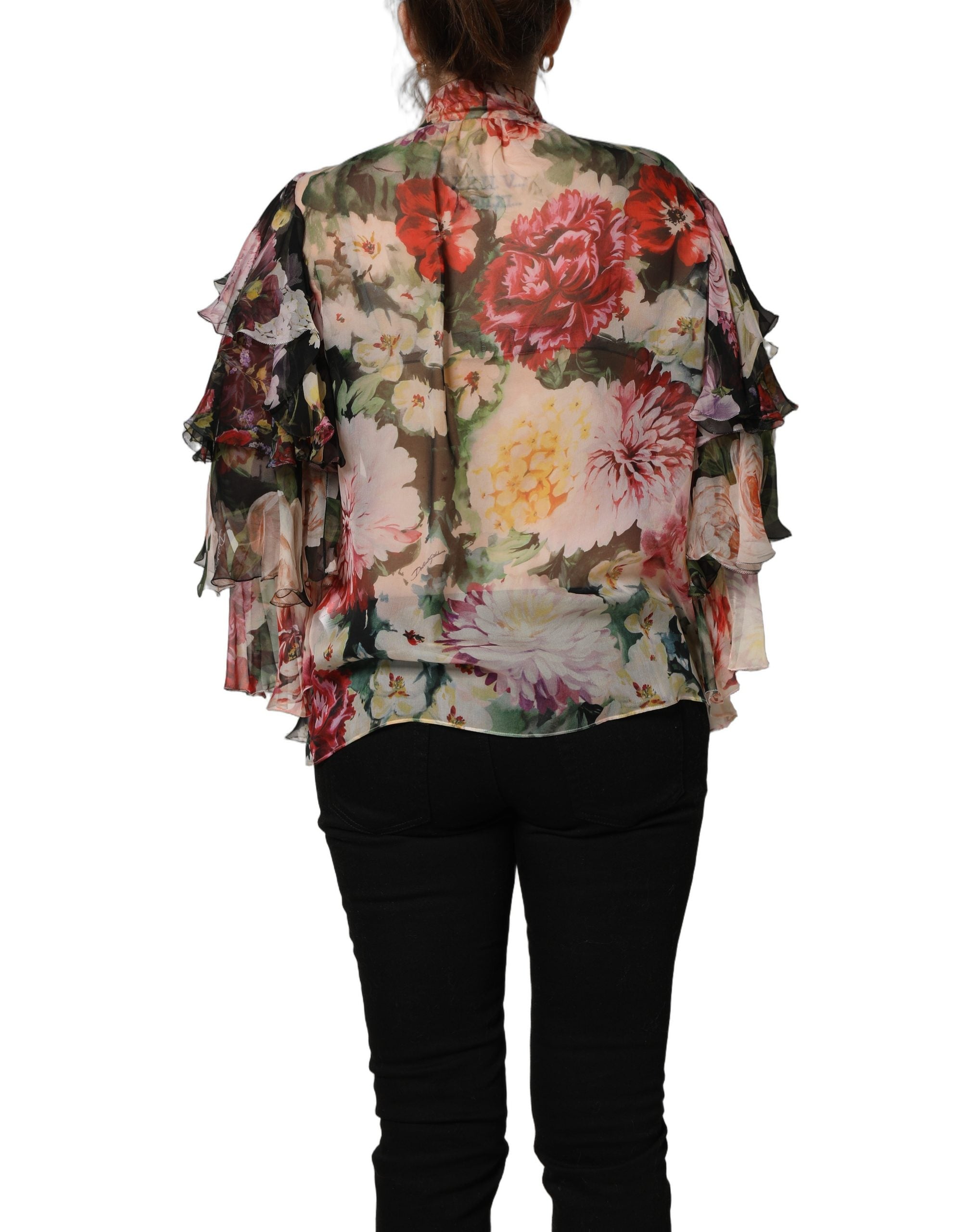 Dolce & Gabbana Multicolor Floral Tie-Neck Silk Chiffon Blouse Women's Top