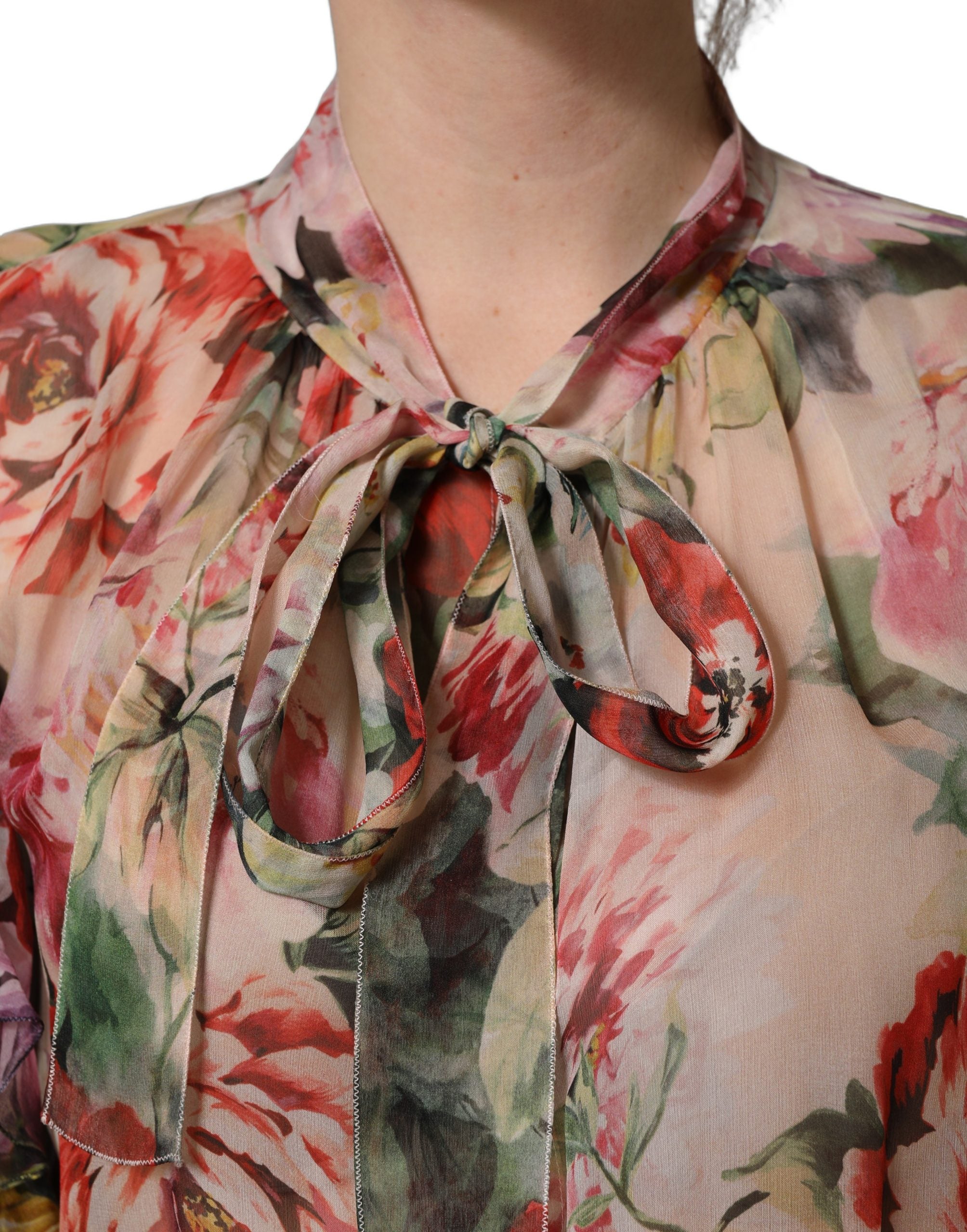 Dolce & Gabbana Multicolor Floral Tie-Neck Silk Chiffon Blouse Women's Top