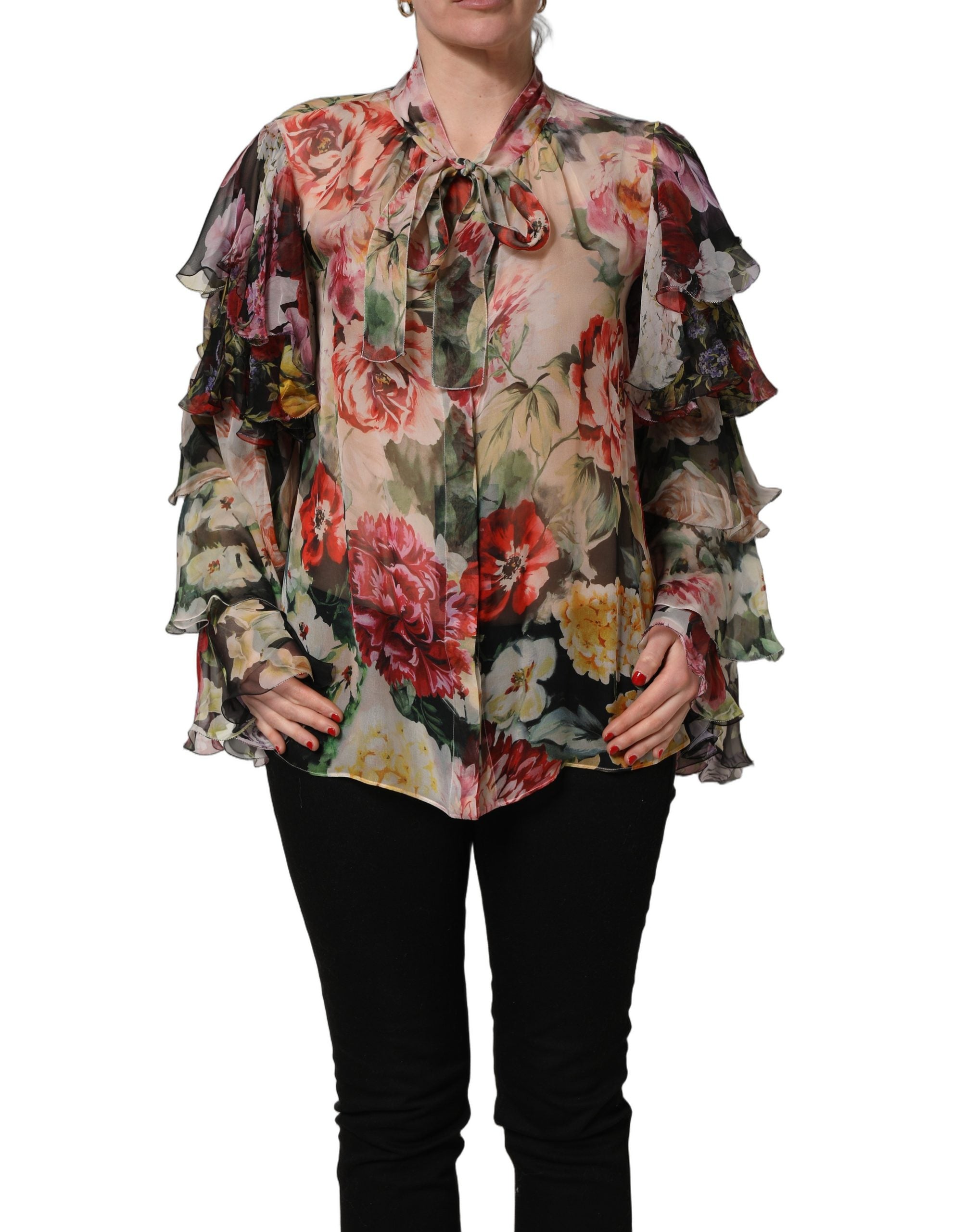 Dolce & Gabbana Multicolor Floral Tie-Neck Silk Chiffon Blouse Women's Top