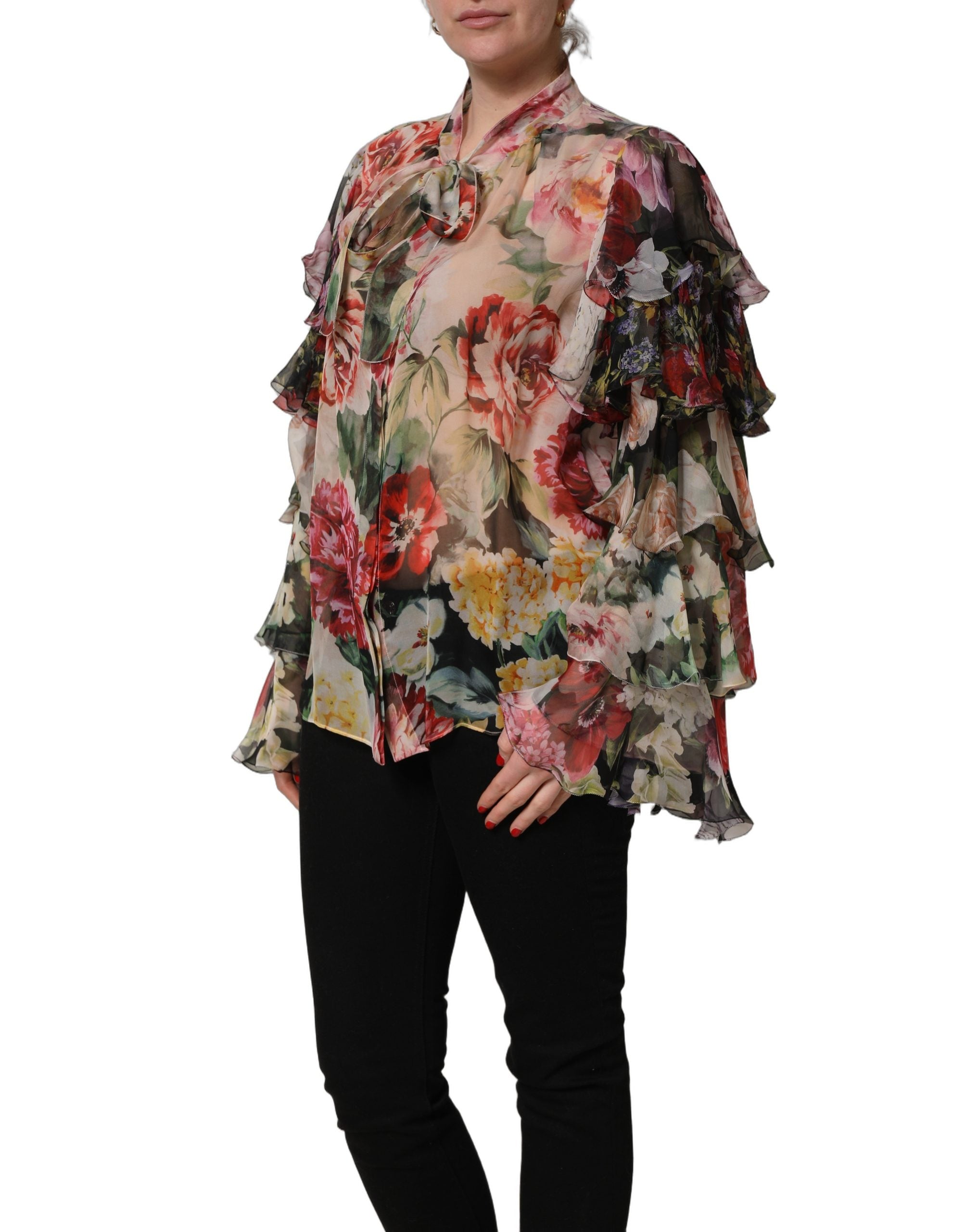 Dolce & Gabbana Multicolor Floral Tie-Neck Silk Chiffon Blouse Women's Top