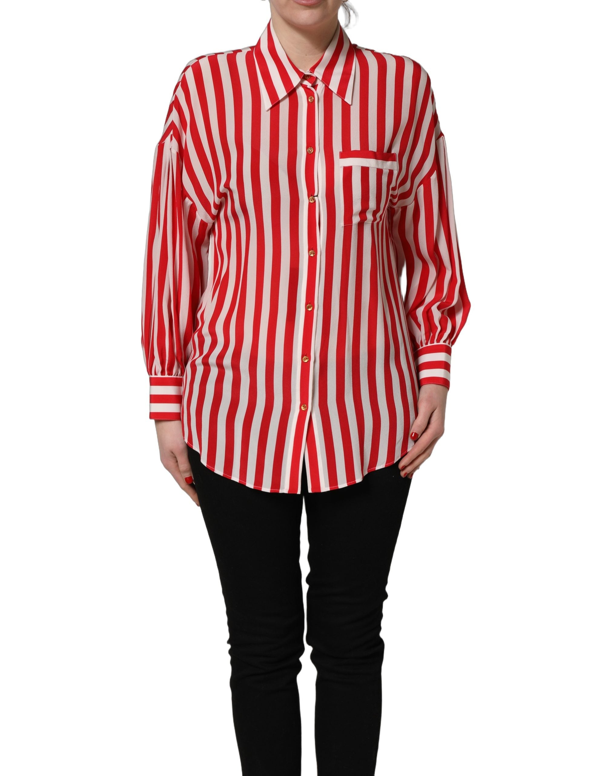 Dolce & Gabbana Red White Striped Long Sleeve Silk Blouse Women's Top