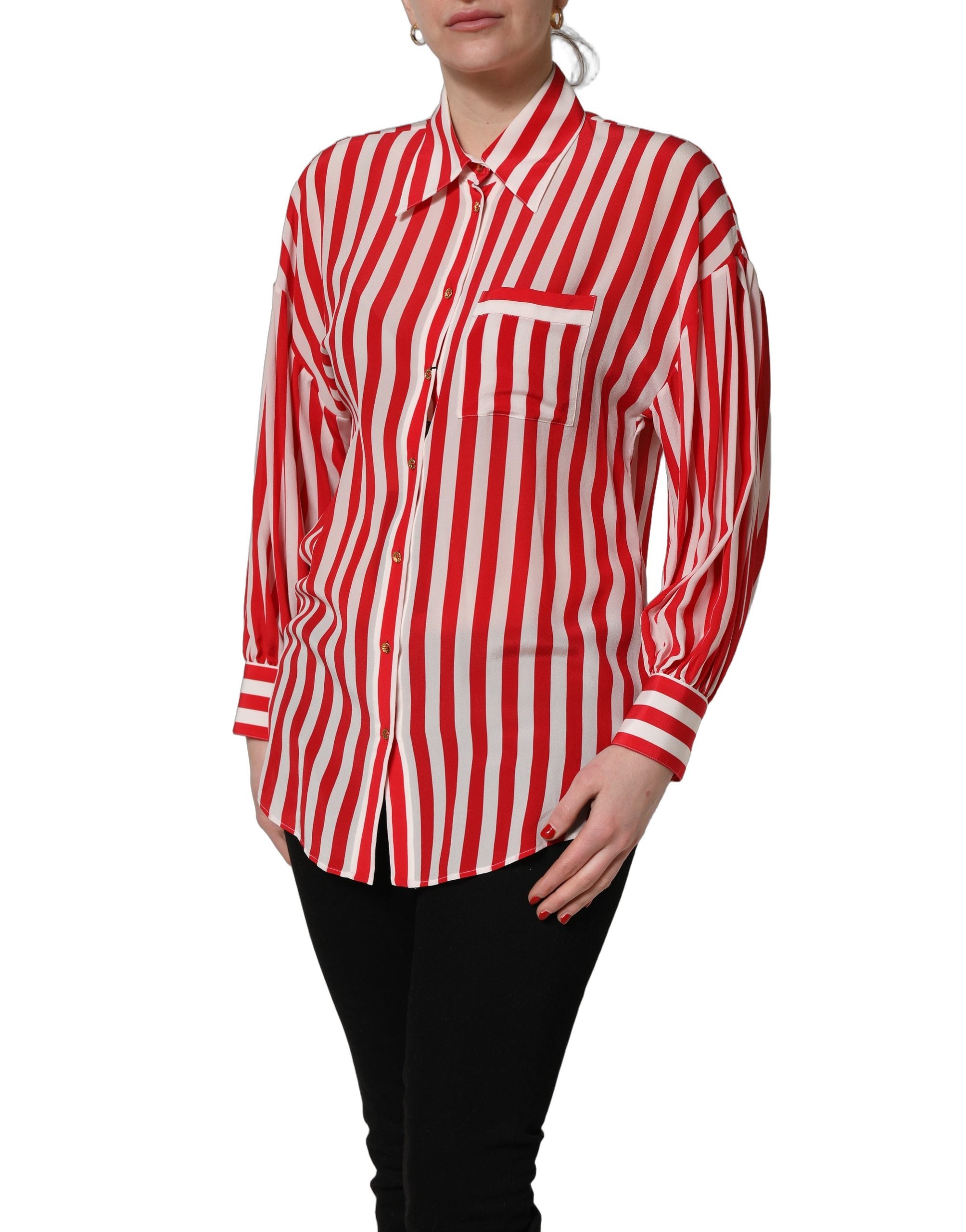 Dolce & Gabbana Red White Striped Long Sleeve Silk Blouse Women's Top