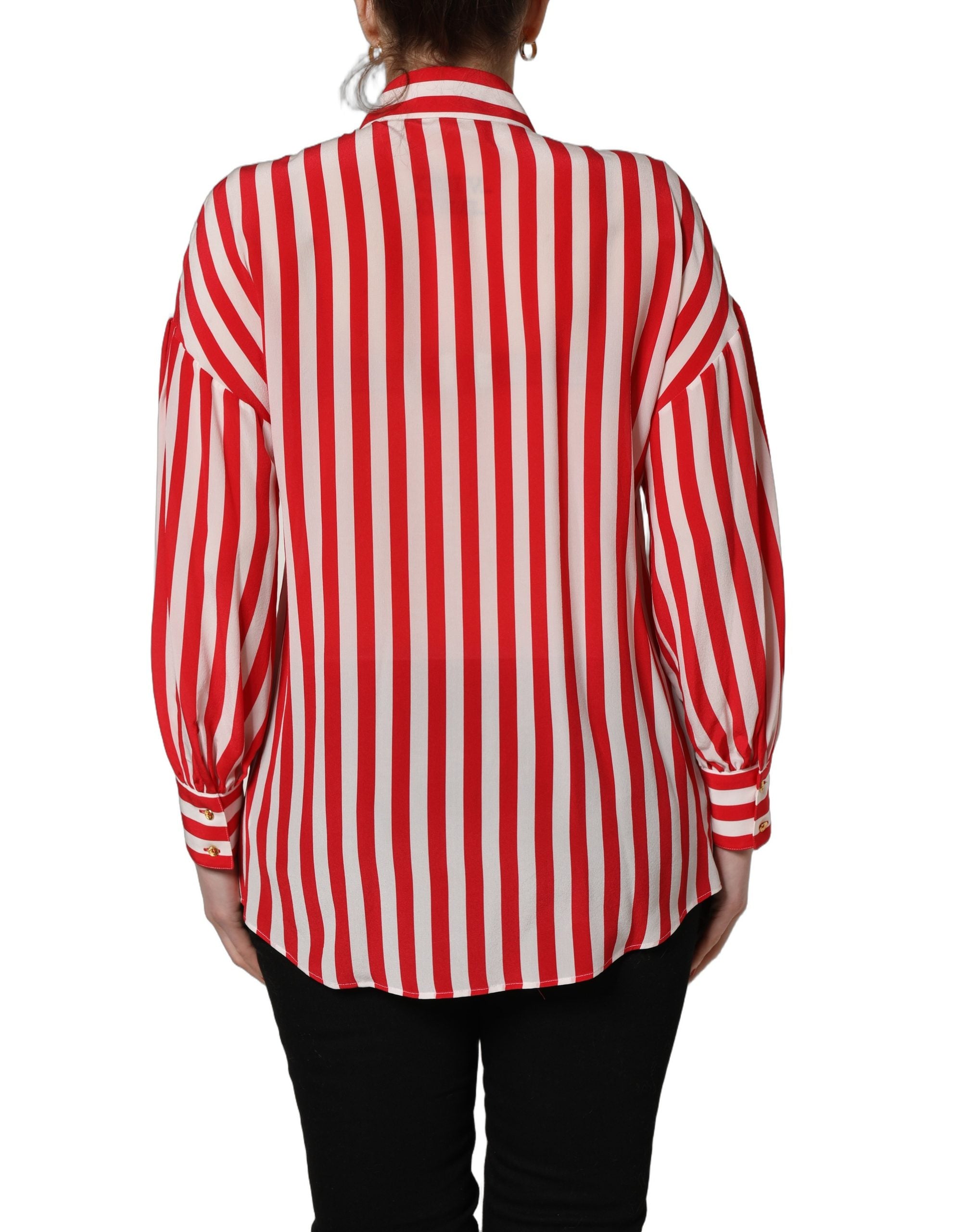 Dolce & Gabbana Red White Striped Long Sleeve Silk Blouse Women's Top