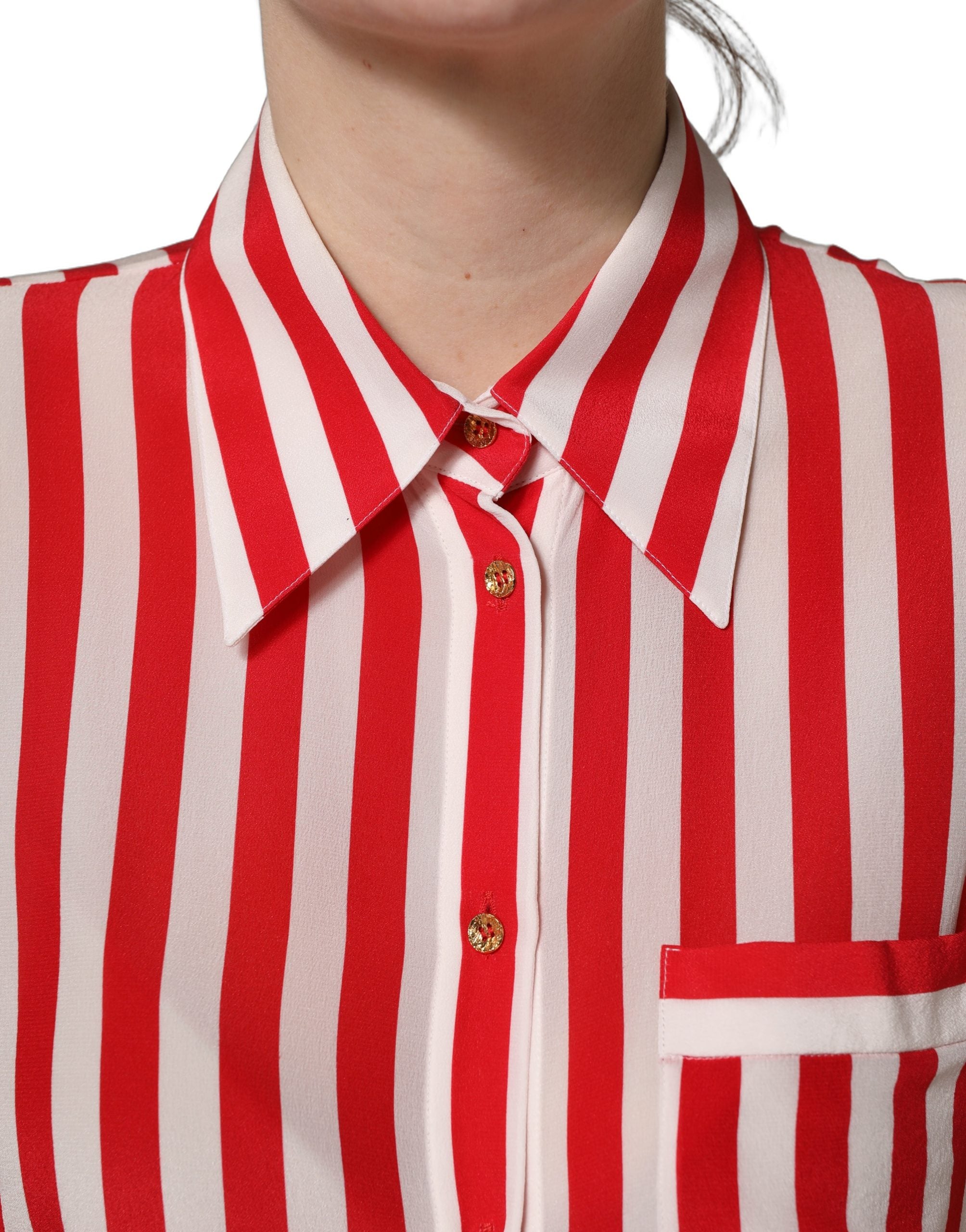 Dolce & Gabbana Red White Striped Long Sleeve Silk Blouse Women's Top