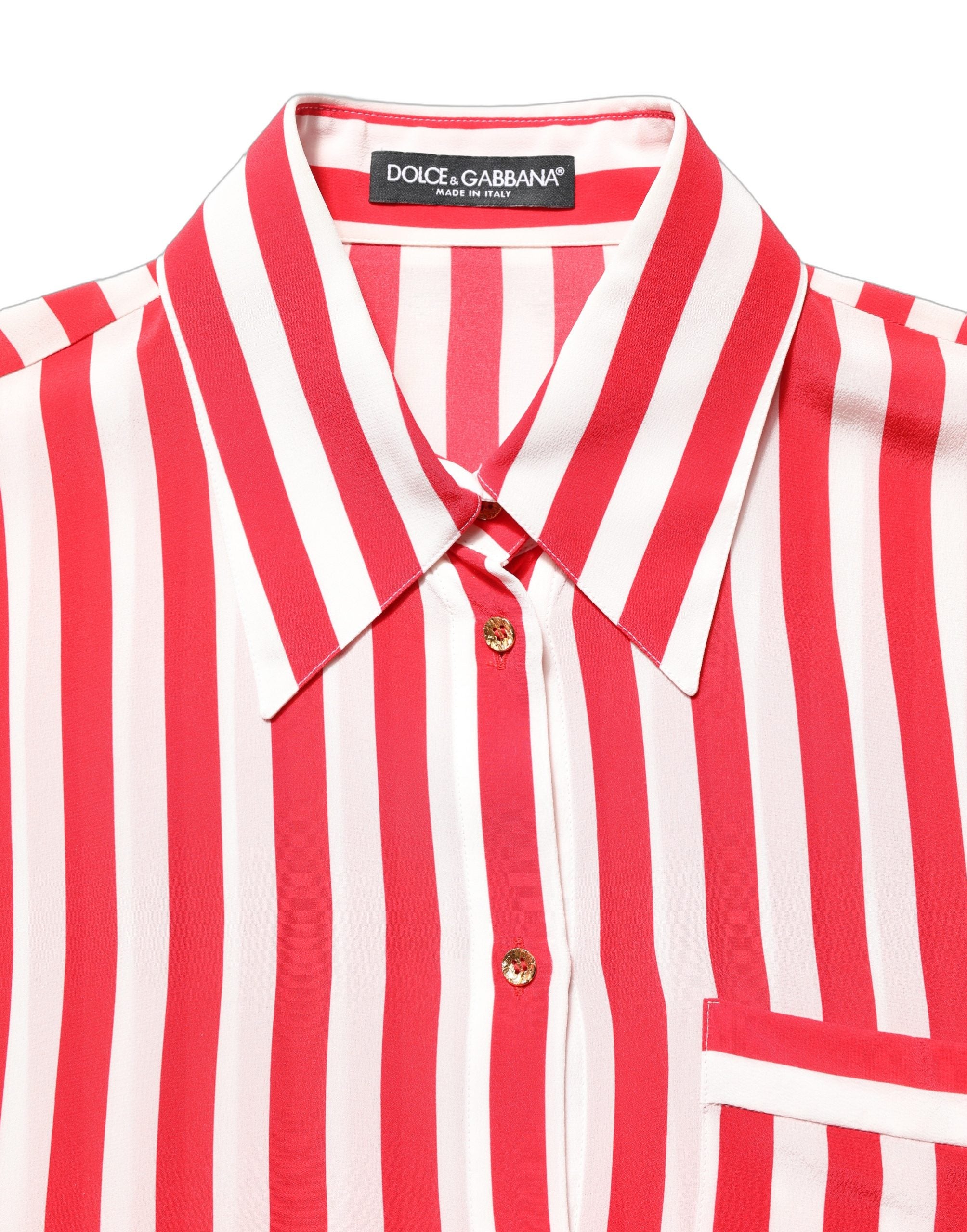 Dolce & Gabbana Red White Striped Long Sleeve Silk Blouse Women's Top
