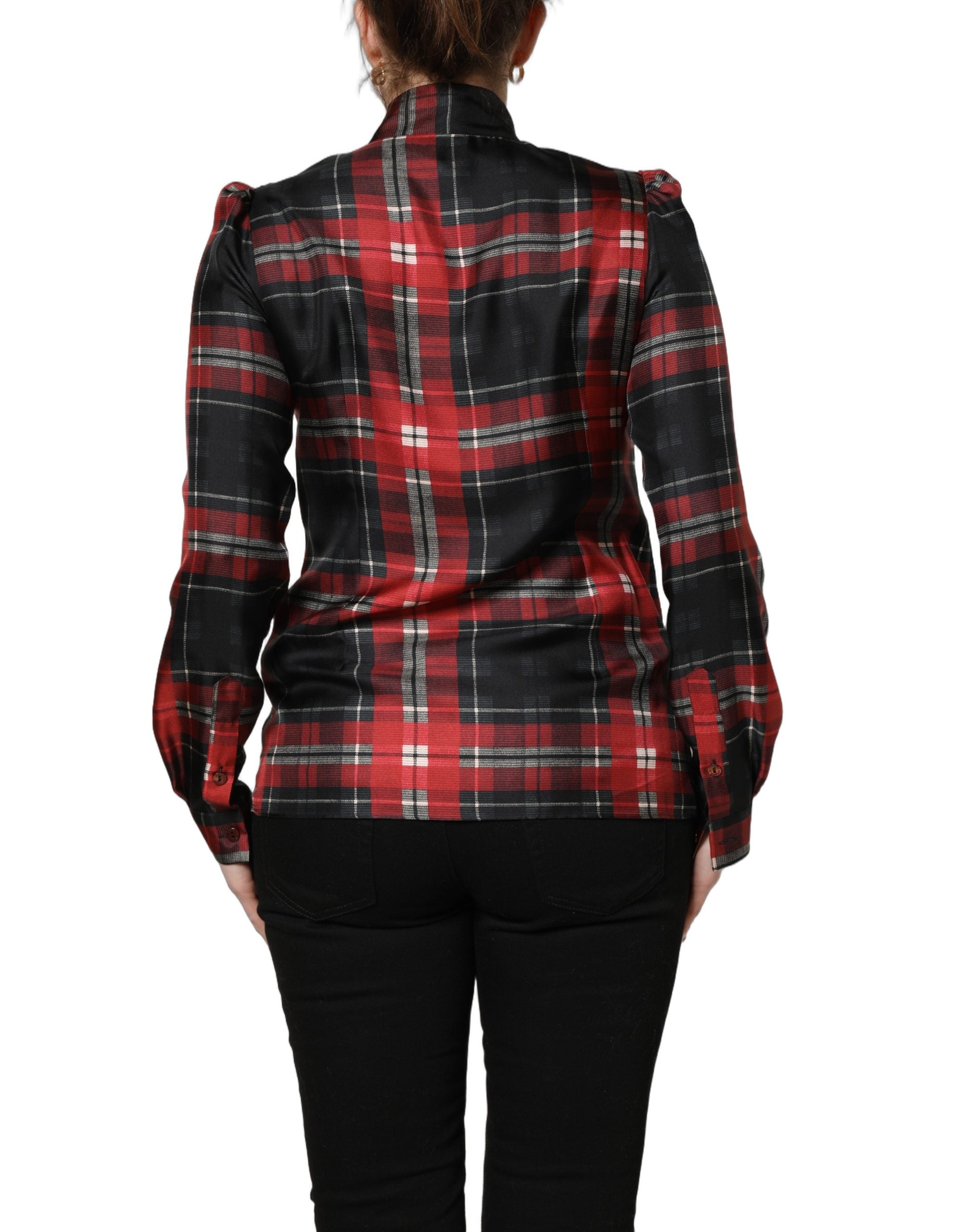 Dolce & Gabbana Red Black Plaid Silk Tie-Neck Blouse Women's Top