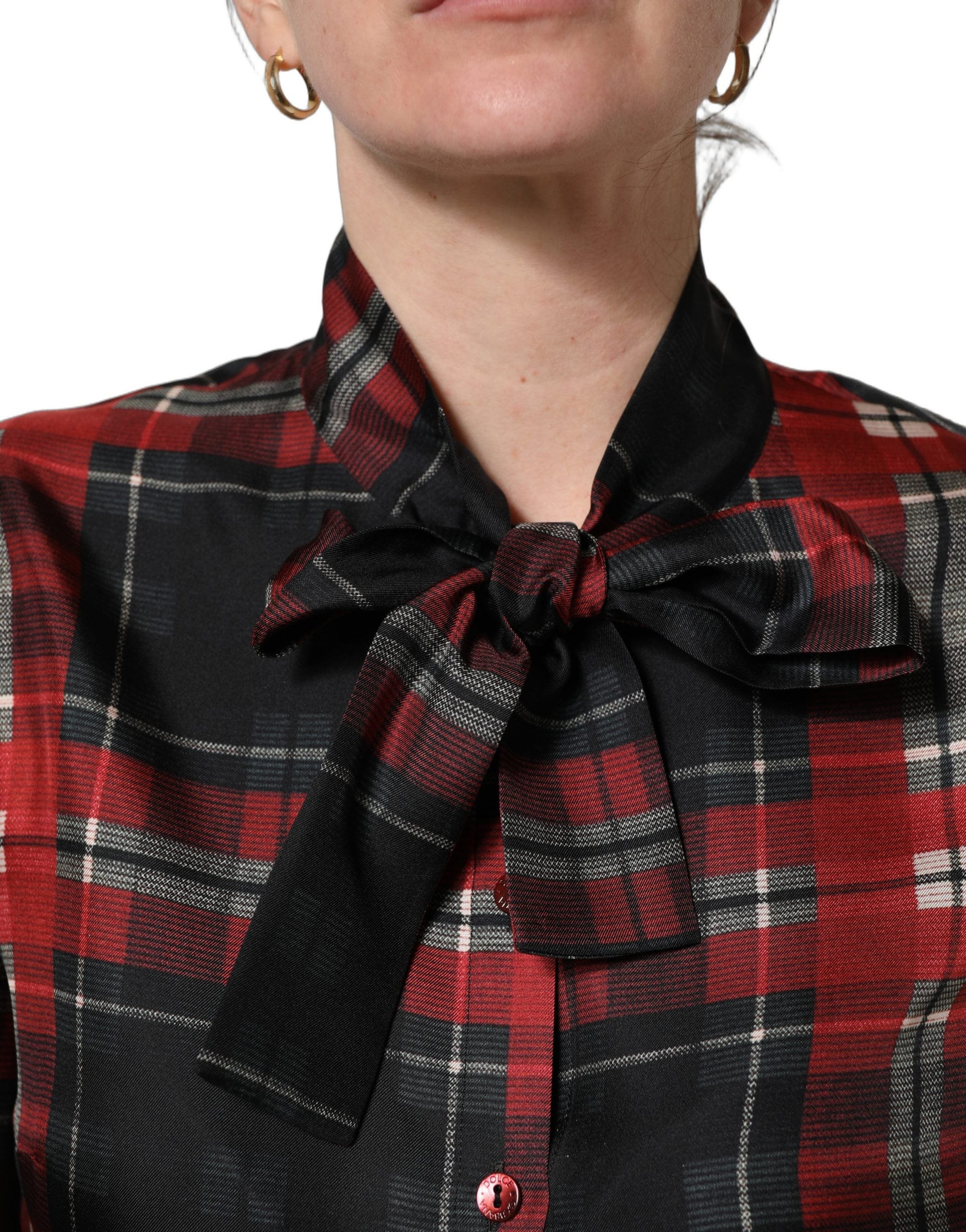 Dolce & Gabbana Red Black Plaid Silk Tie-Neck Blouse Women's Top