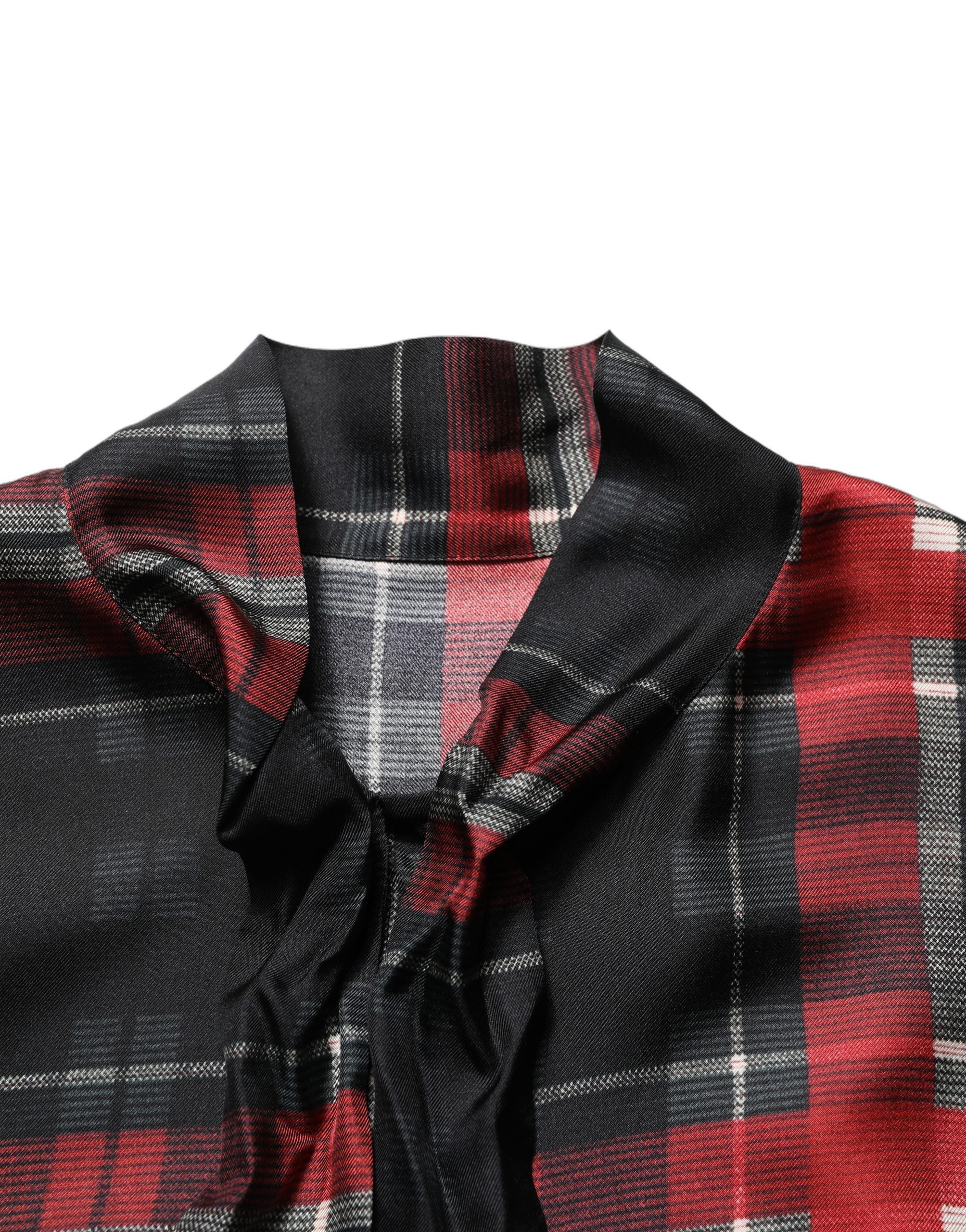 Dolce & Gabbana Red Black Plaid Silk Tie-Neck Blouse Women's Top