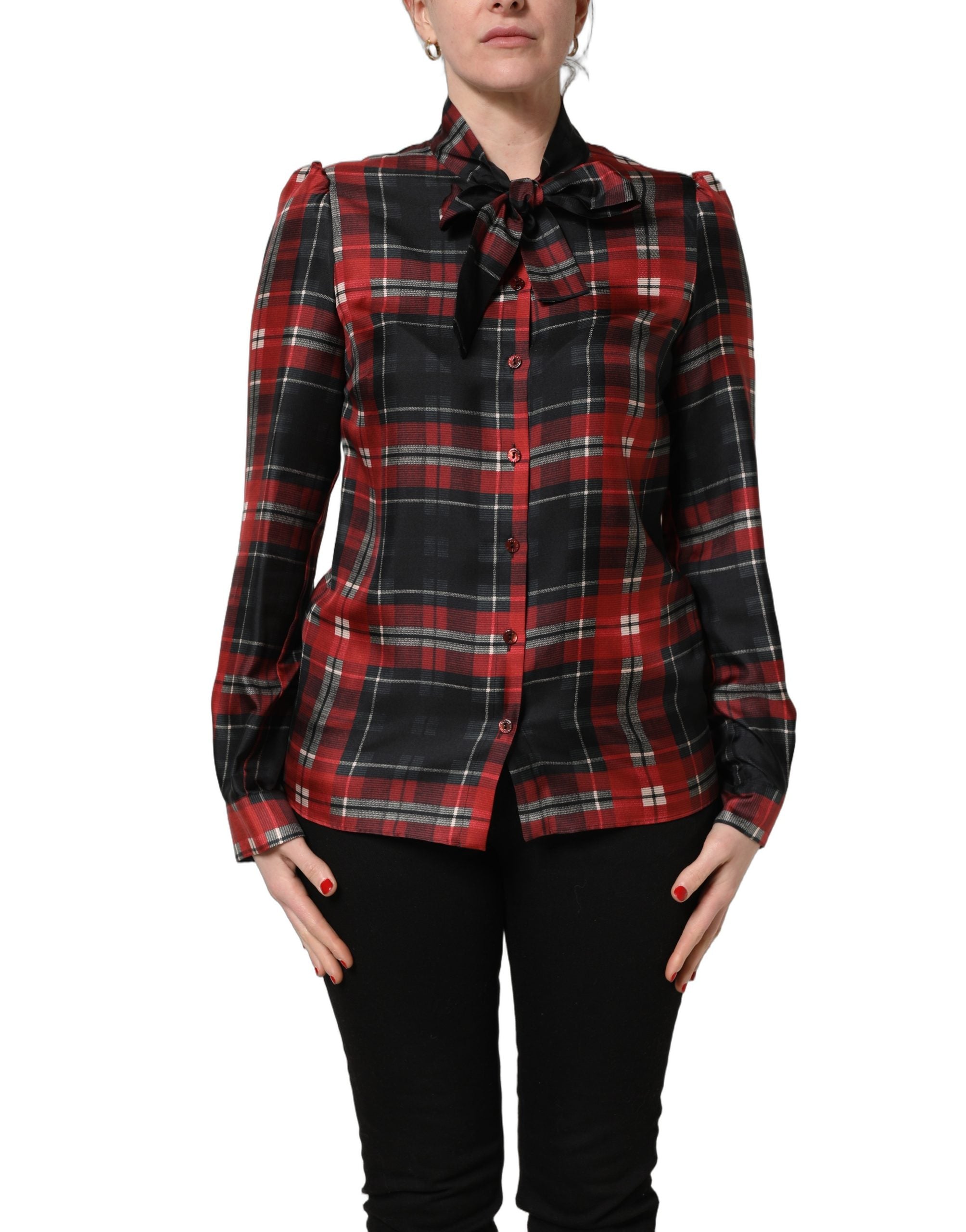 Dolce & Gabbana Red Black Plaid Silk Tie-Neck Blouse Women's Top