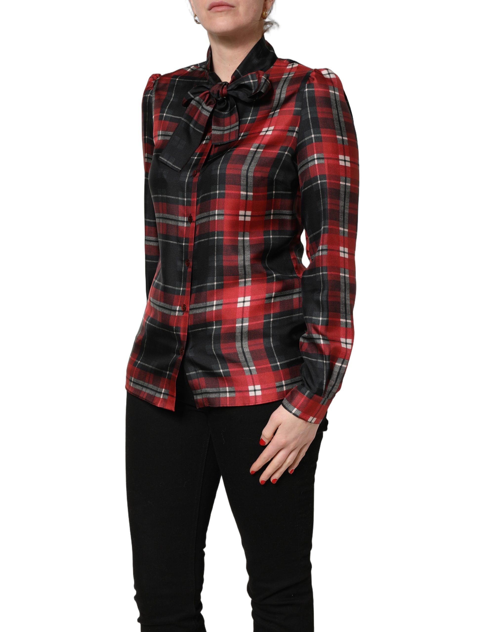 Dolce & Gabbana Red Black Plaid Silk Tie-Neck Blouse Women's Top