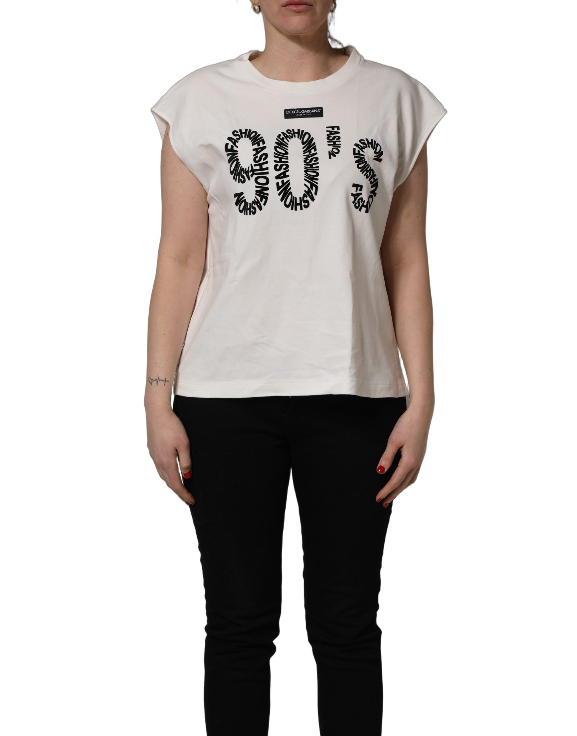 Dolce & Gabbana White Cotton Graphic Sleeveless Tank Women's Top
