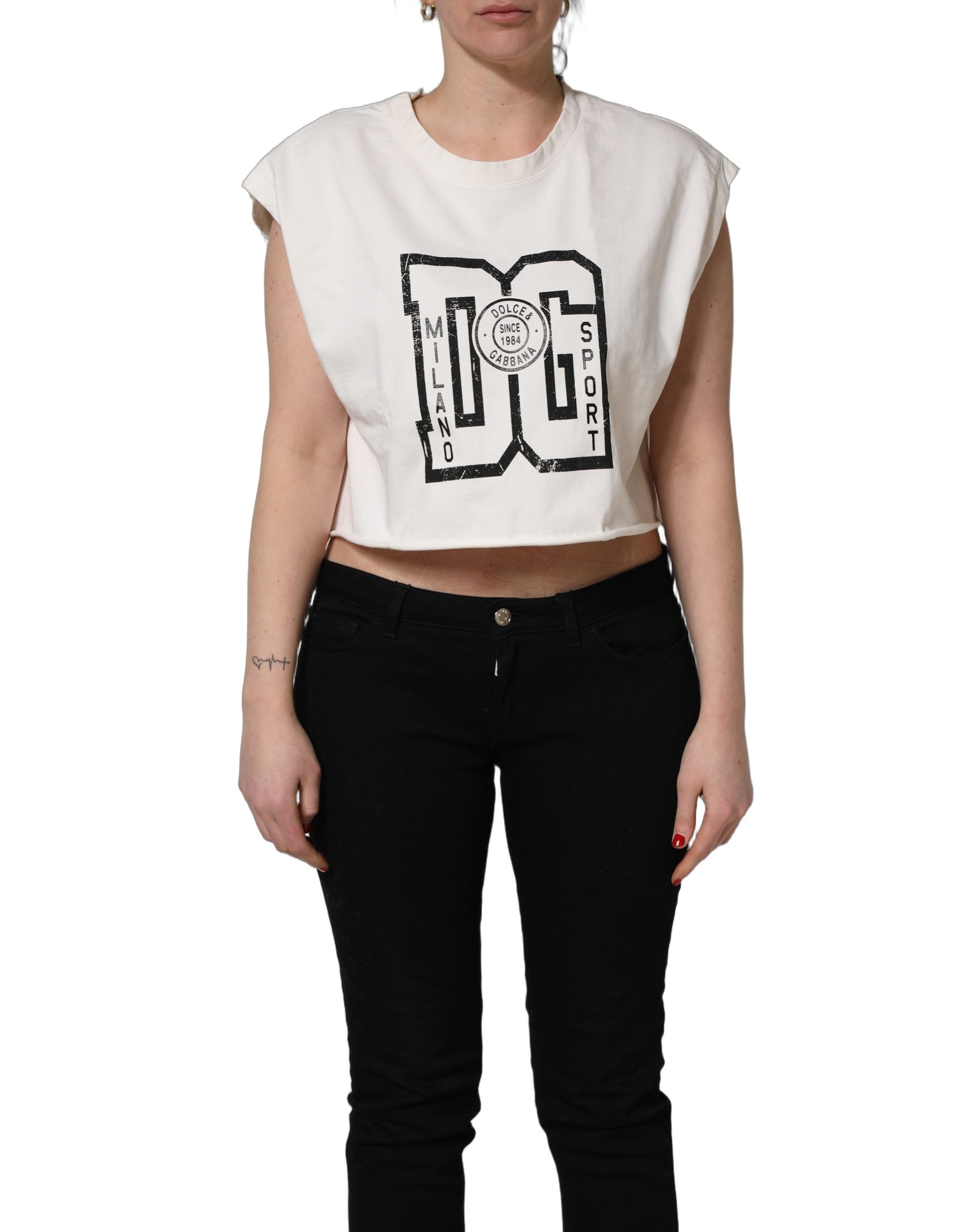 Dolce & Gabbana White Cotton DG Logo Print Cropped Jersey Women's Top