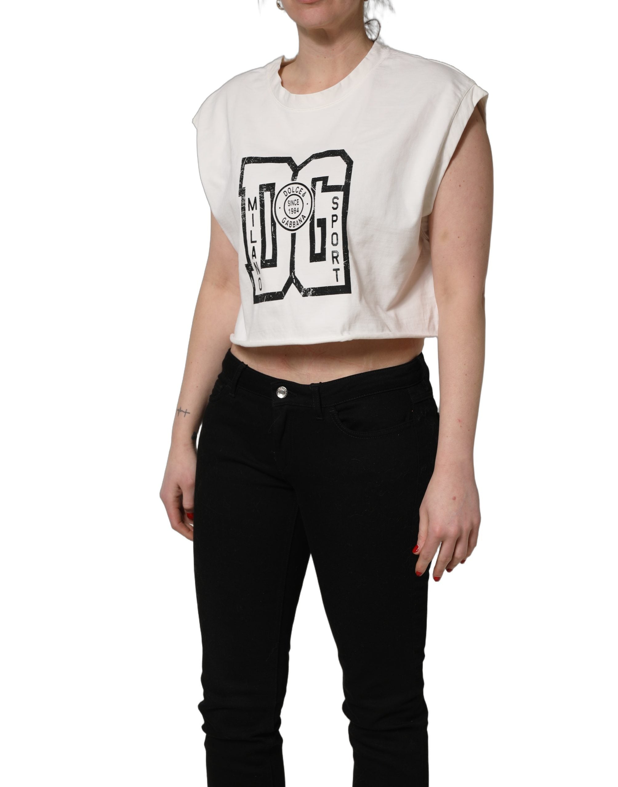 Dolce & Gabbana White Cotton DG Logo Print Cropped Jersey Women's Top