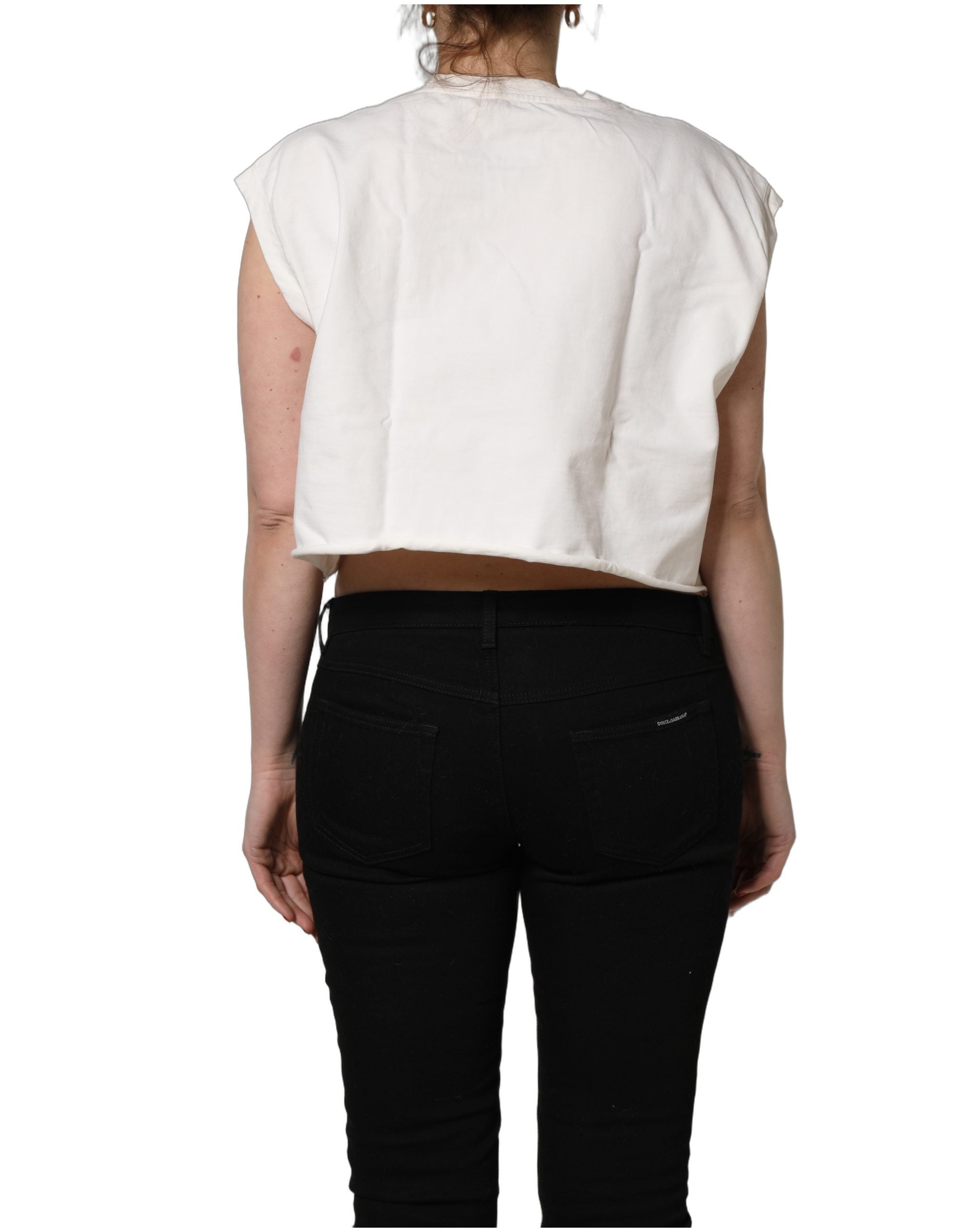 Dolce & Gabbana White Cotton DG Logo Print Cropped Jersey Women's Top
