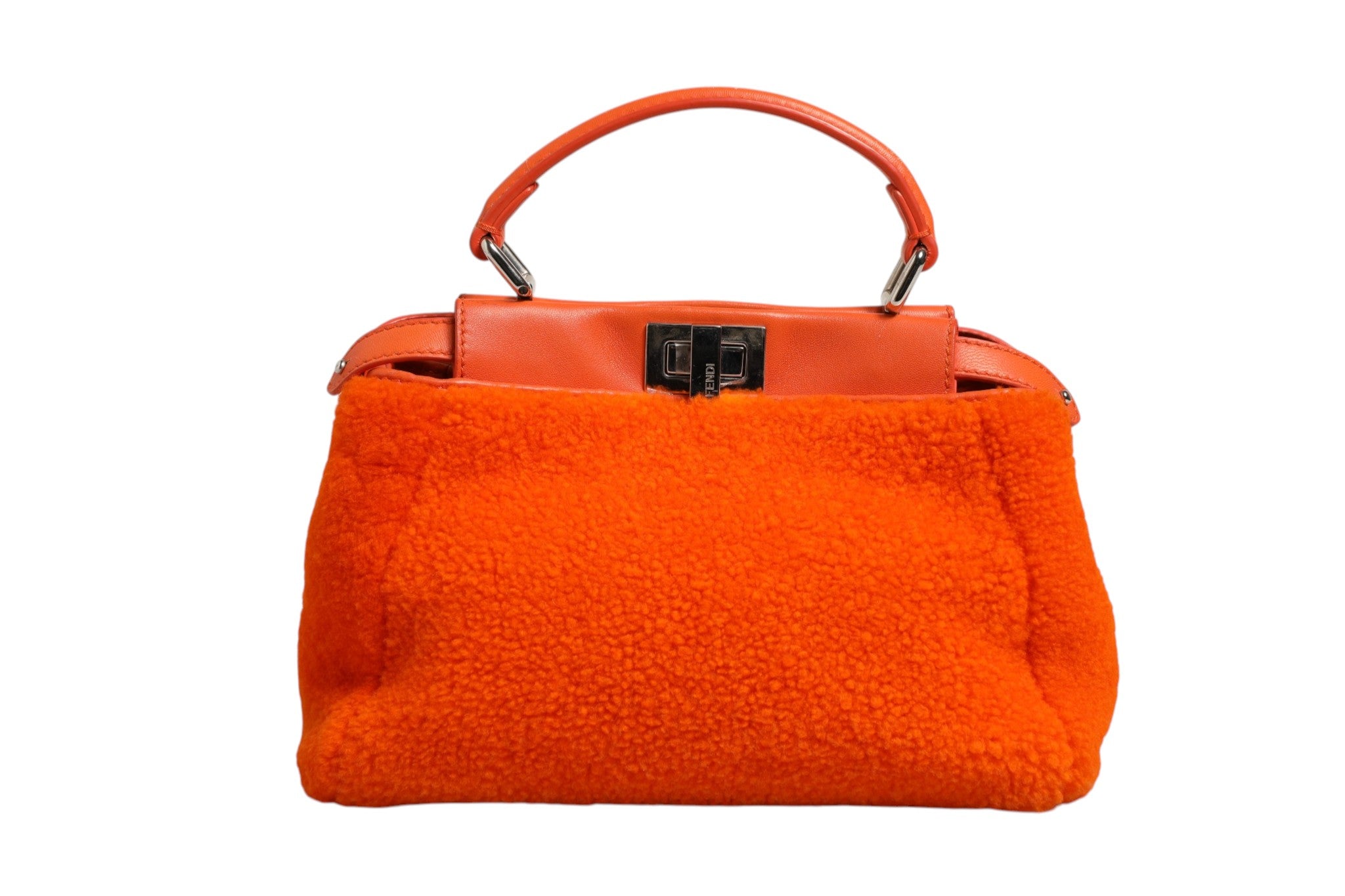 Fendi Orange Leather and Shearling Mini Peekaboo Top Handle Women's Bag (Pre-Owned)