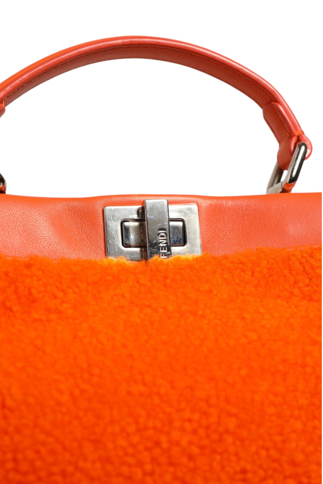 Fendi Orange Leather and Shearling Mini Peekaboo Top Handle Women's Bag (Pre-Owned)