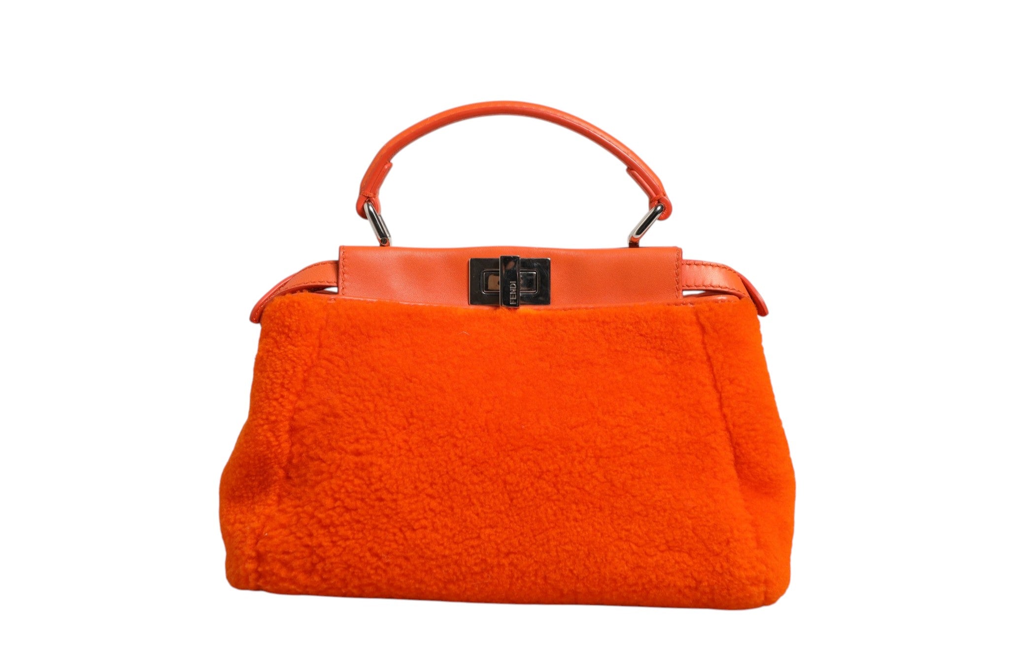 Fendi Orange Leather and Shearling Mini Peekaboo Top Handle Women's Bag (Pre-Owned)