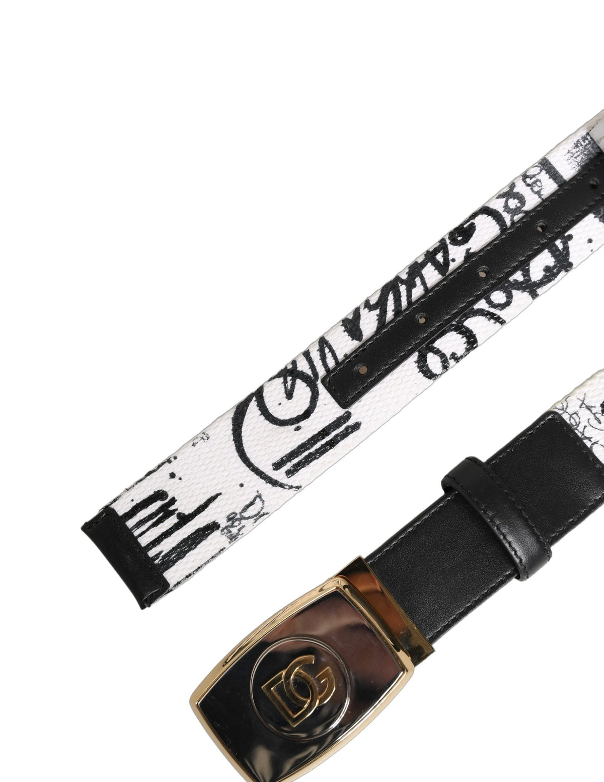 Dolce & Gabbana White Graffiti Print Gold Metal Buckle Men's Belt