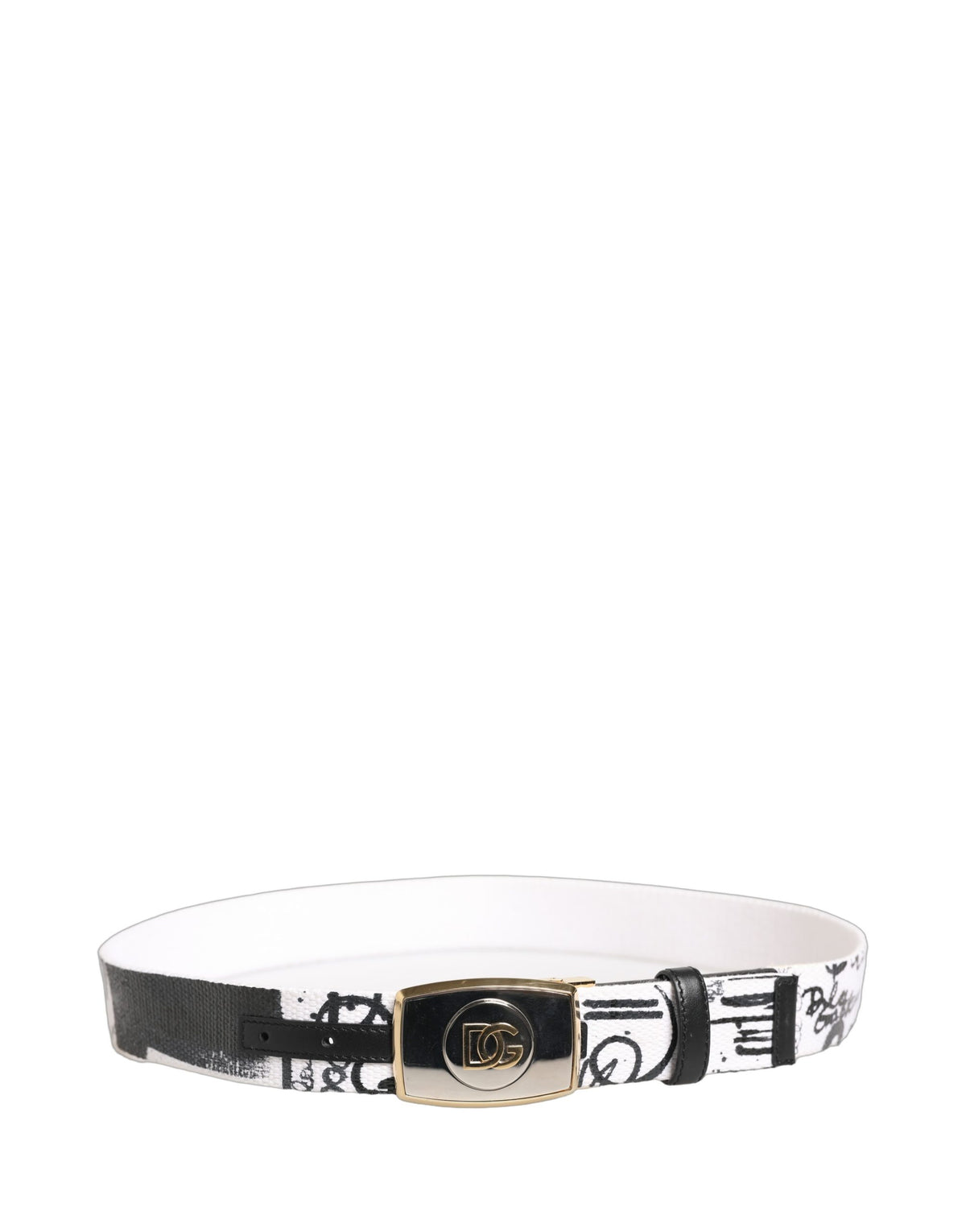 Dolce & Gabbana White Graffiti Print Gold Metal Buckle Men's Belt