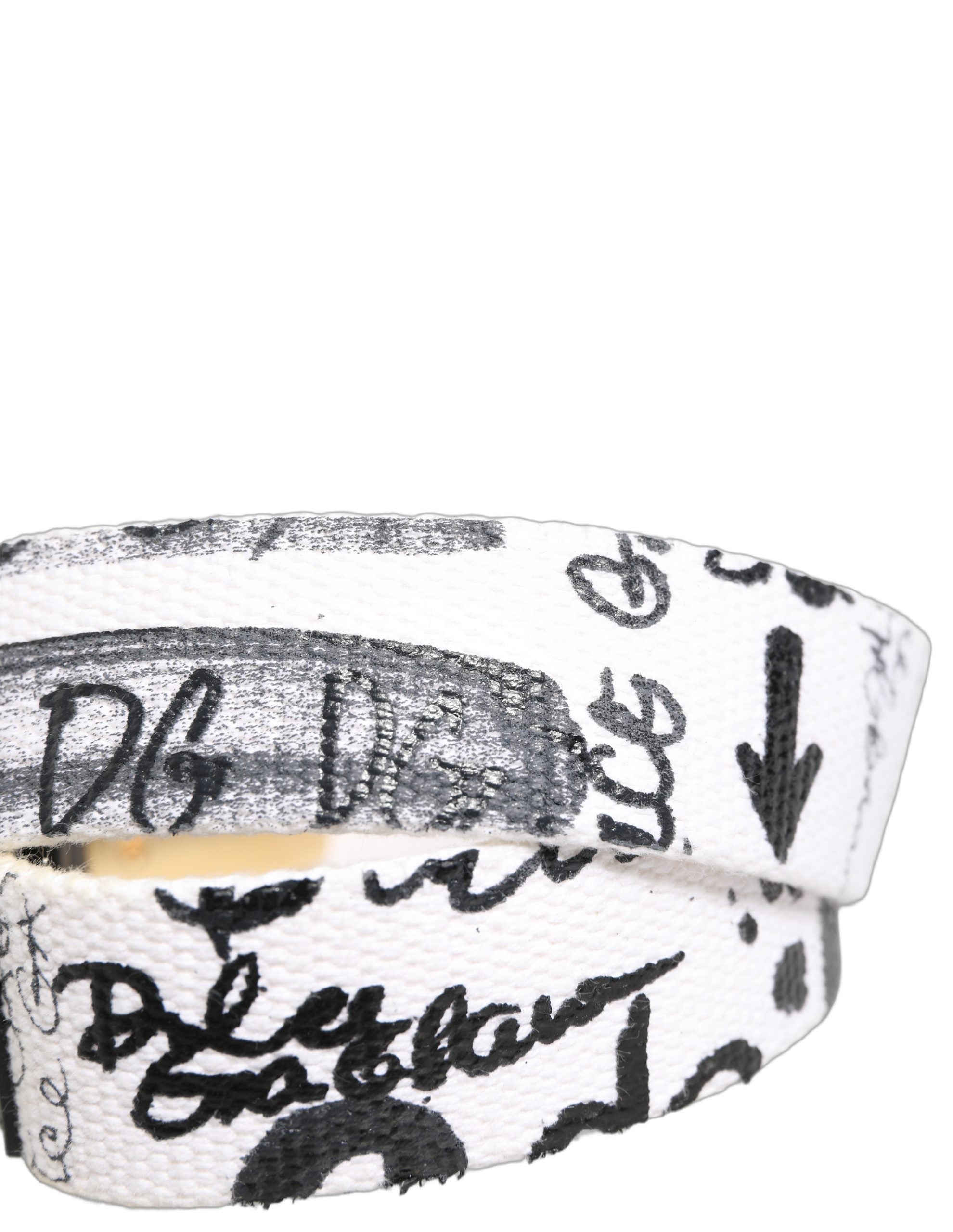 Dolce & Gabbana White Graffiti Print Gold Metal Buckle Men's Belt