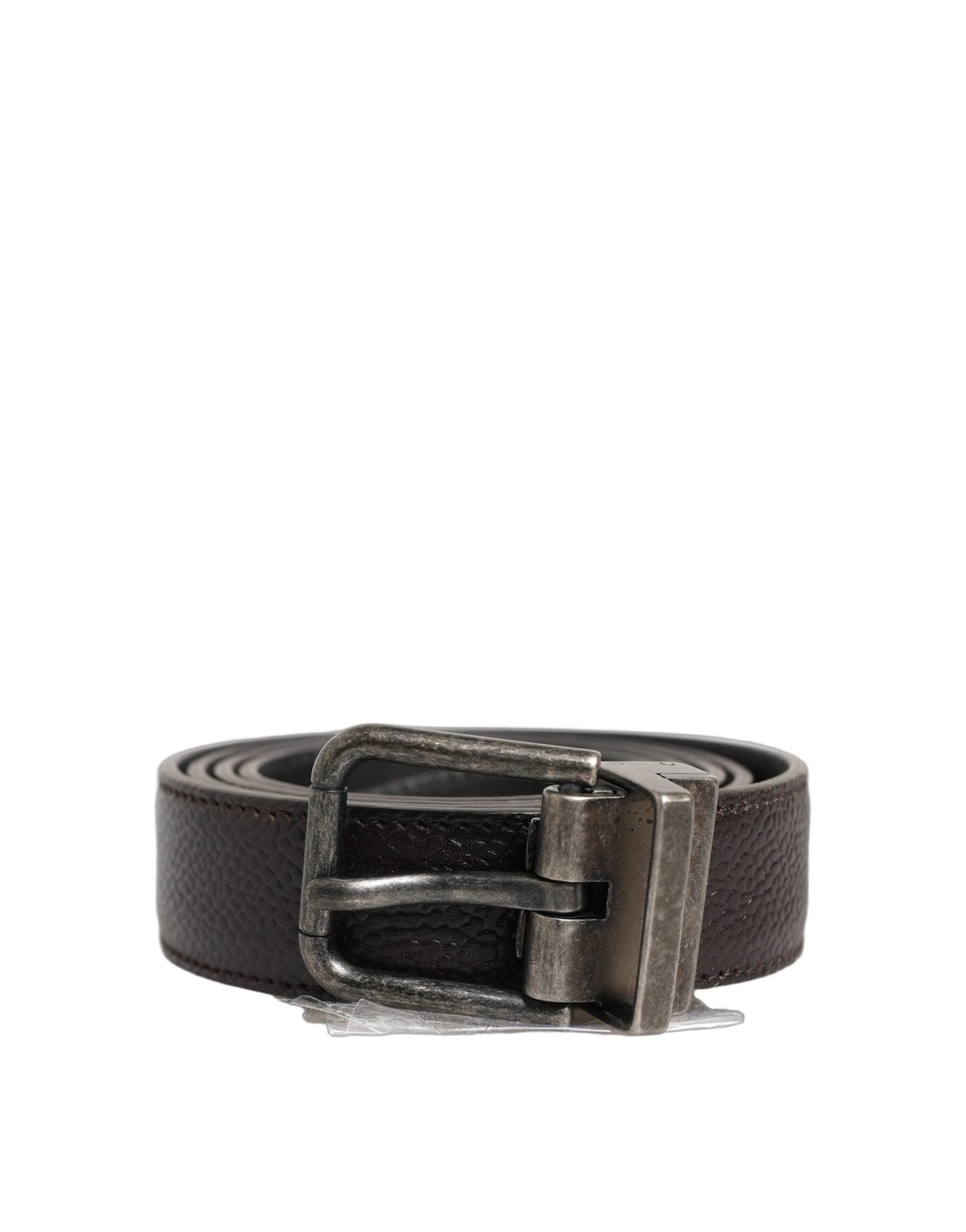Dolce & Gabbana Brown Calf Leather Vintage Style Silver Buckle Men's Belt