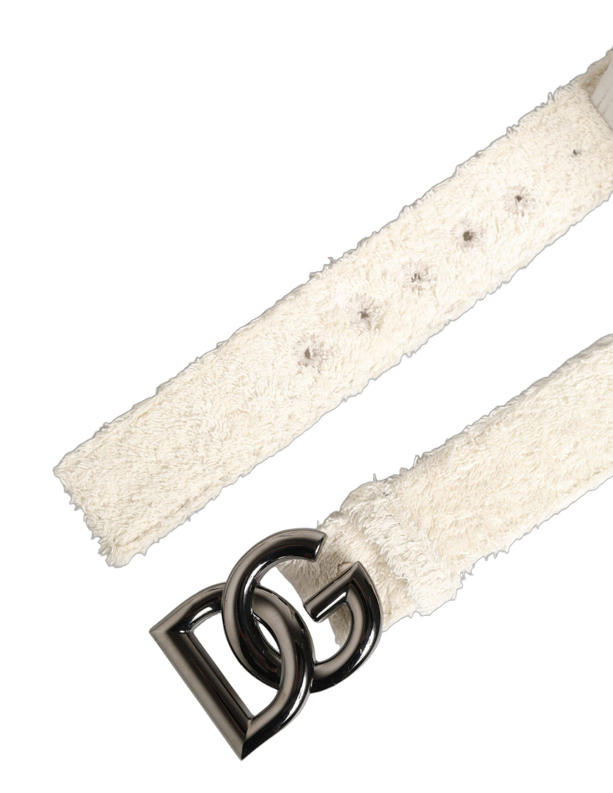 Dolce & Gabbana White Cotton Fleece DG Logo Metal Buckle Women's Belt