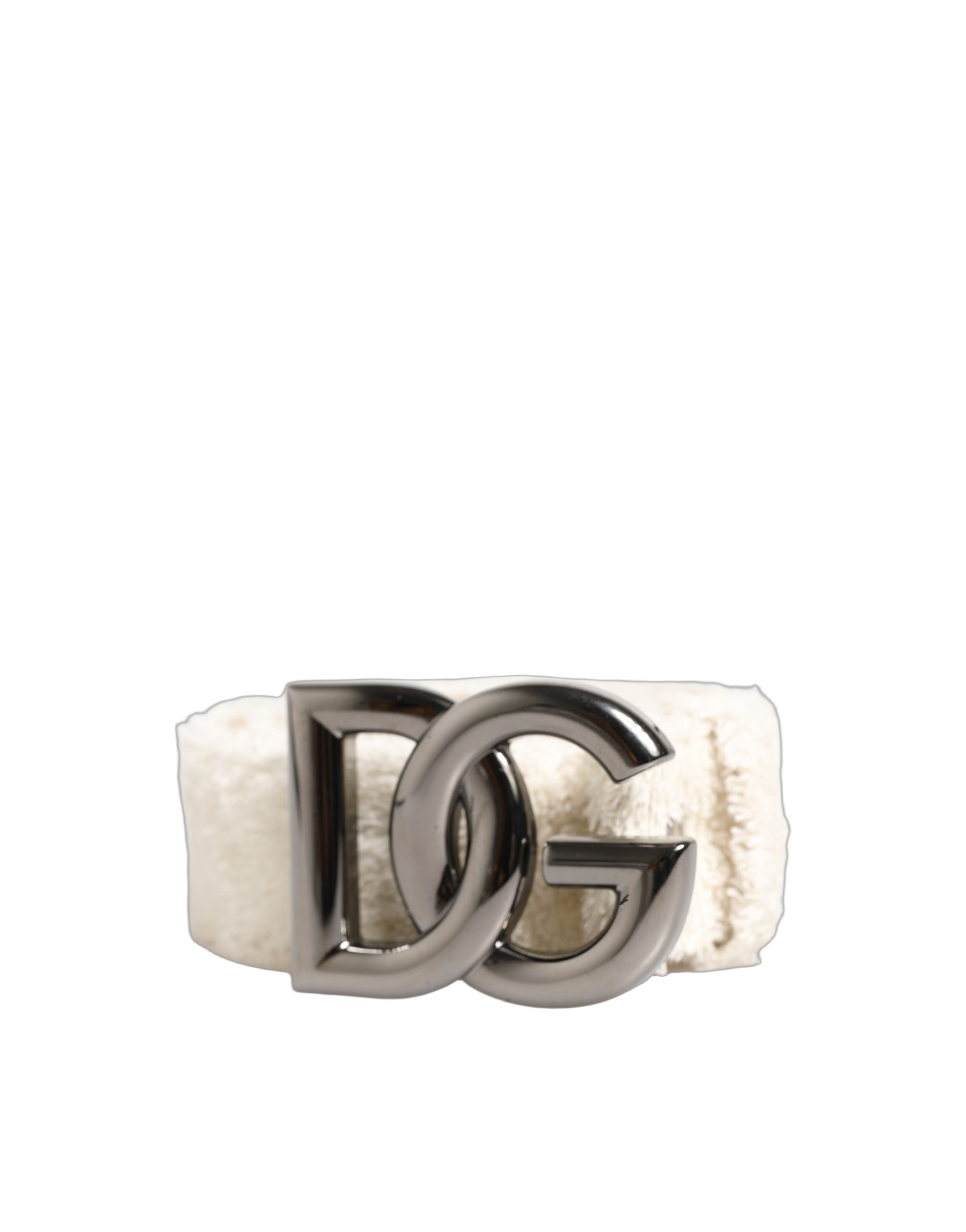 Dolce & Gabbana White Cotton Fleece DG Logo Metal Buckle Women's Belt