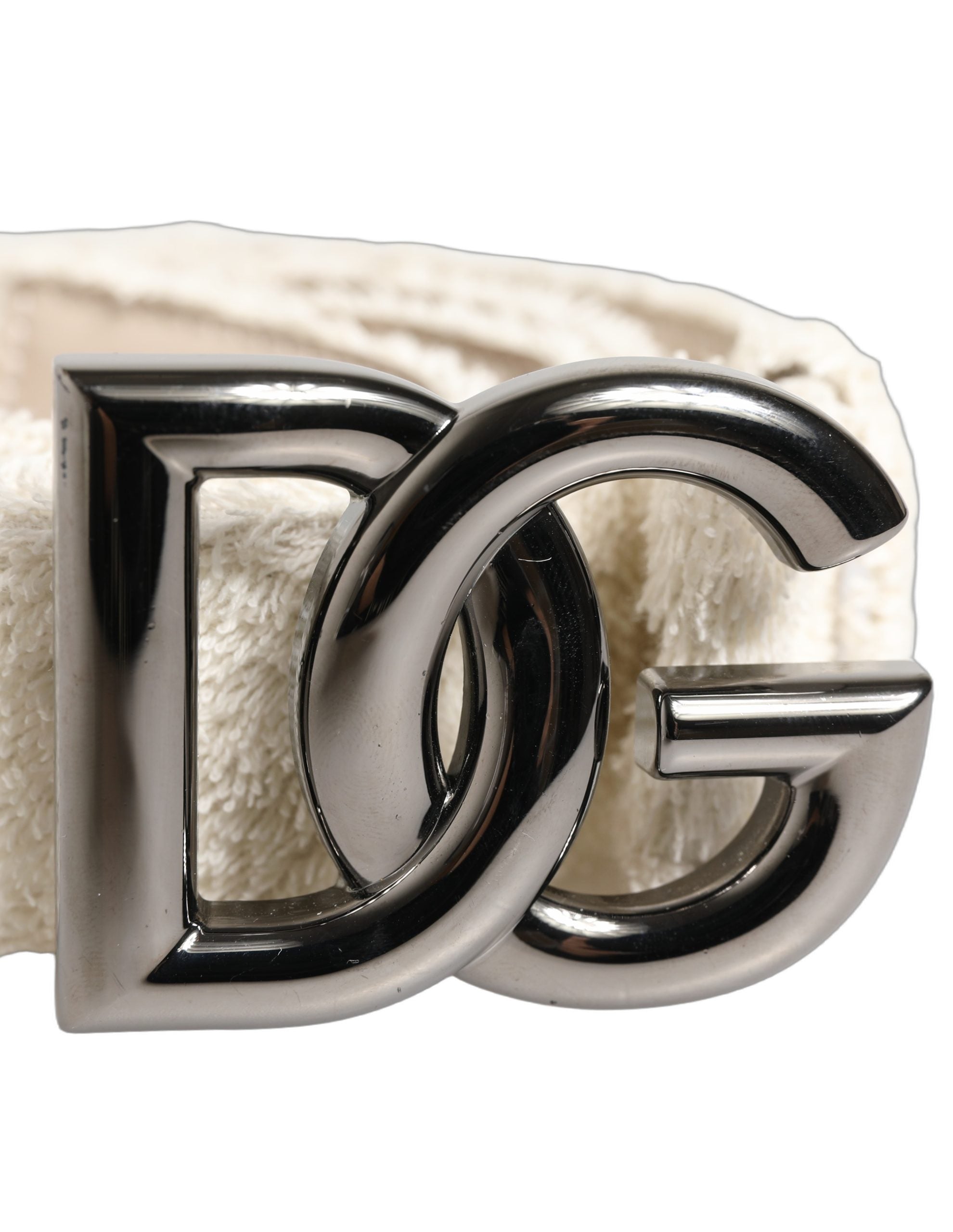 Dolce & Gabbana White Cotton Fleece DG Logo Metal Buckle Women's Belt