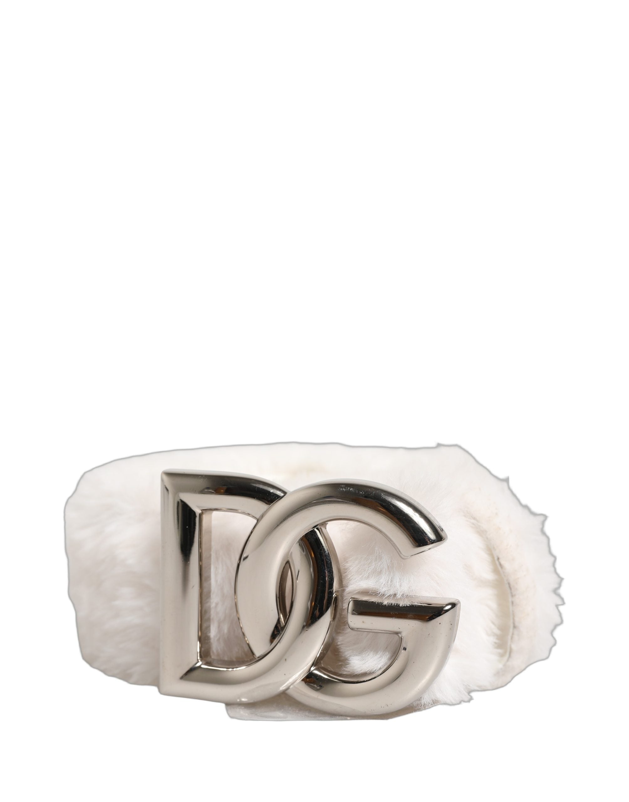 Dolce & Gabbana White Fleece Silver DG Logo Metal Buckle Women's Belt