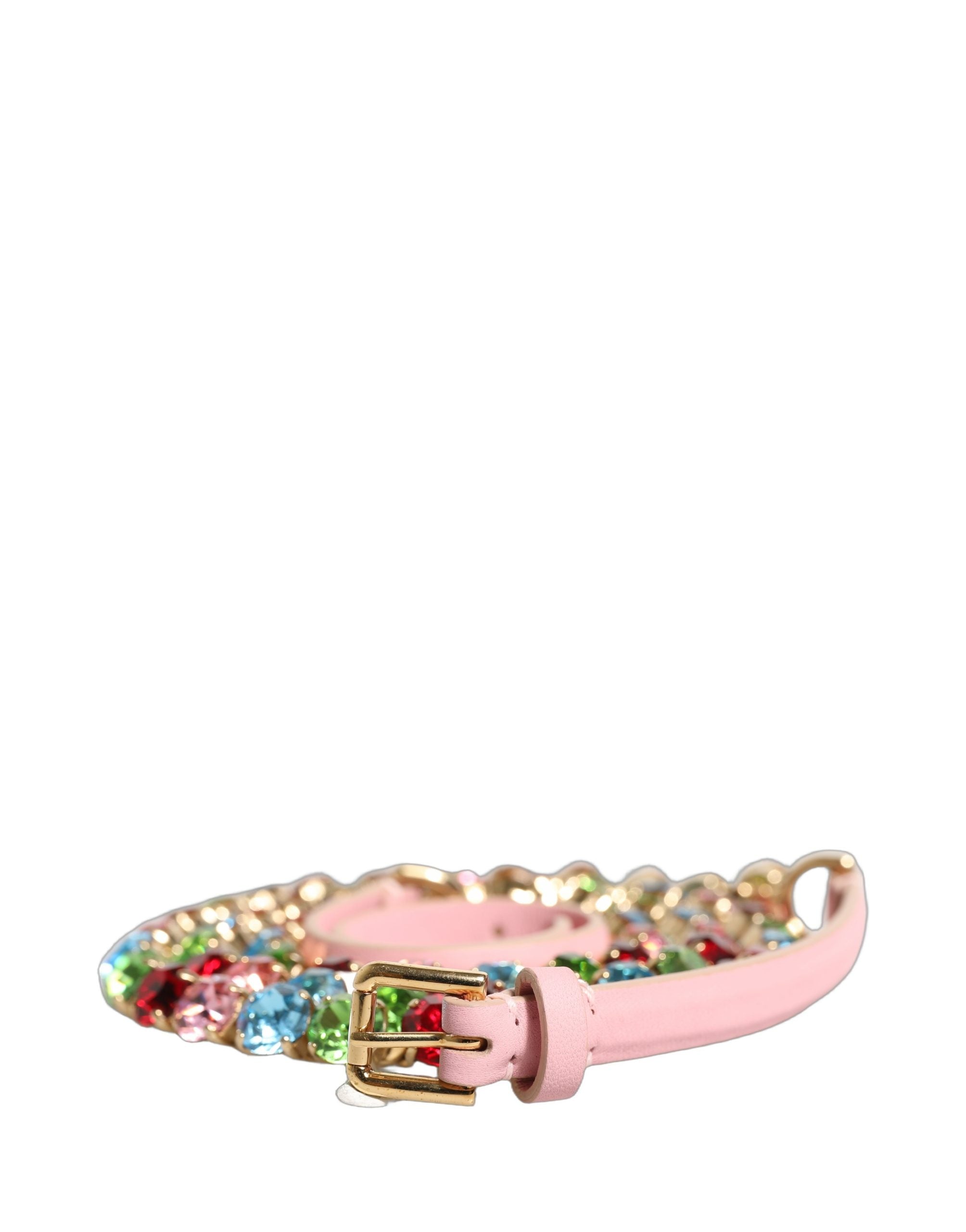Dolce & Gabbana Pink Leather Crystal Chain Embellished Women's Belt
