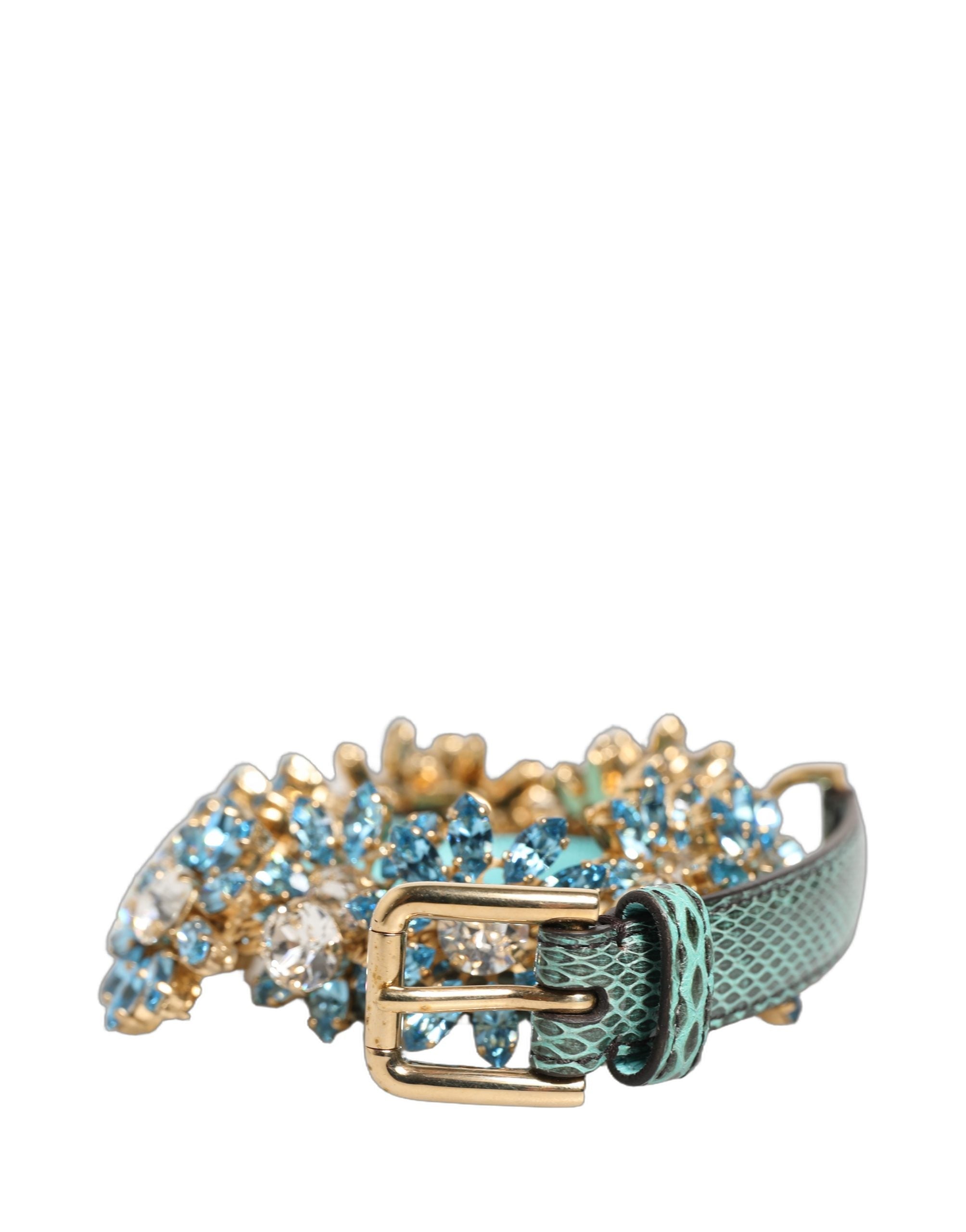 Dolce & Gabbana Green Leather Daisy Crystal Embellished Waist Women's Belt