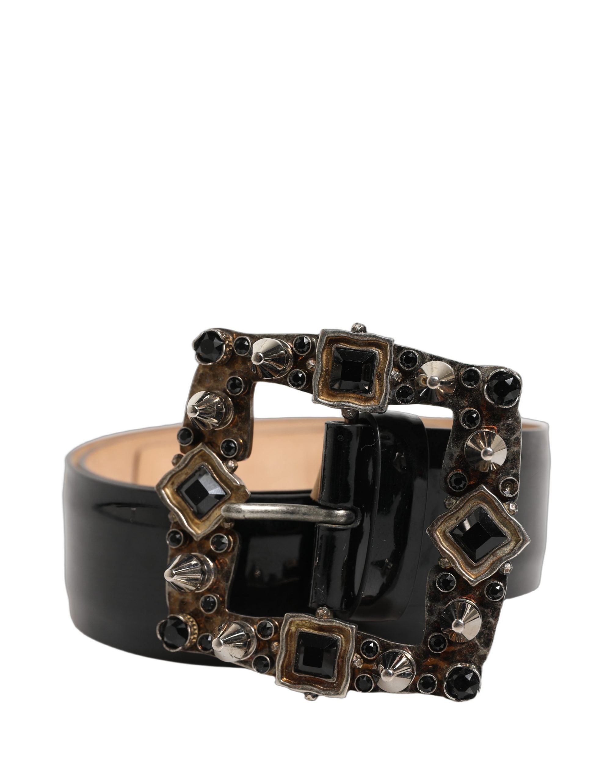 Dolce & Gabbana Black Leather Crystal Metal Buckle Women's Belt