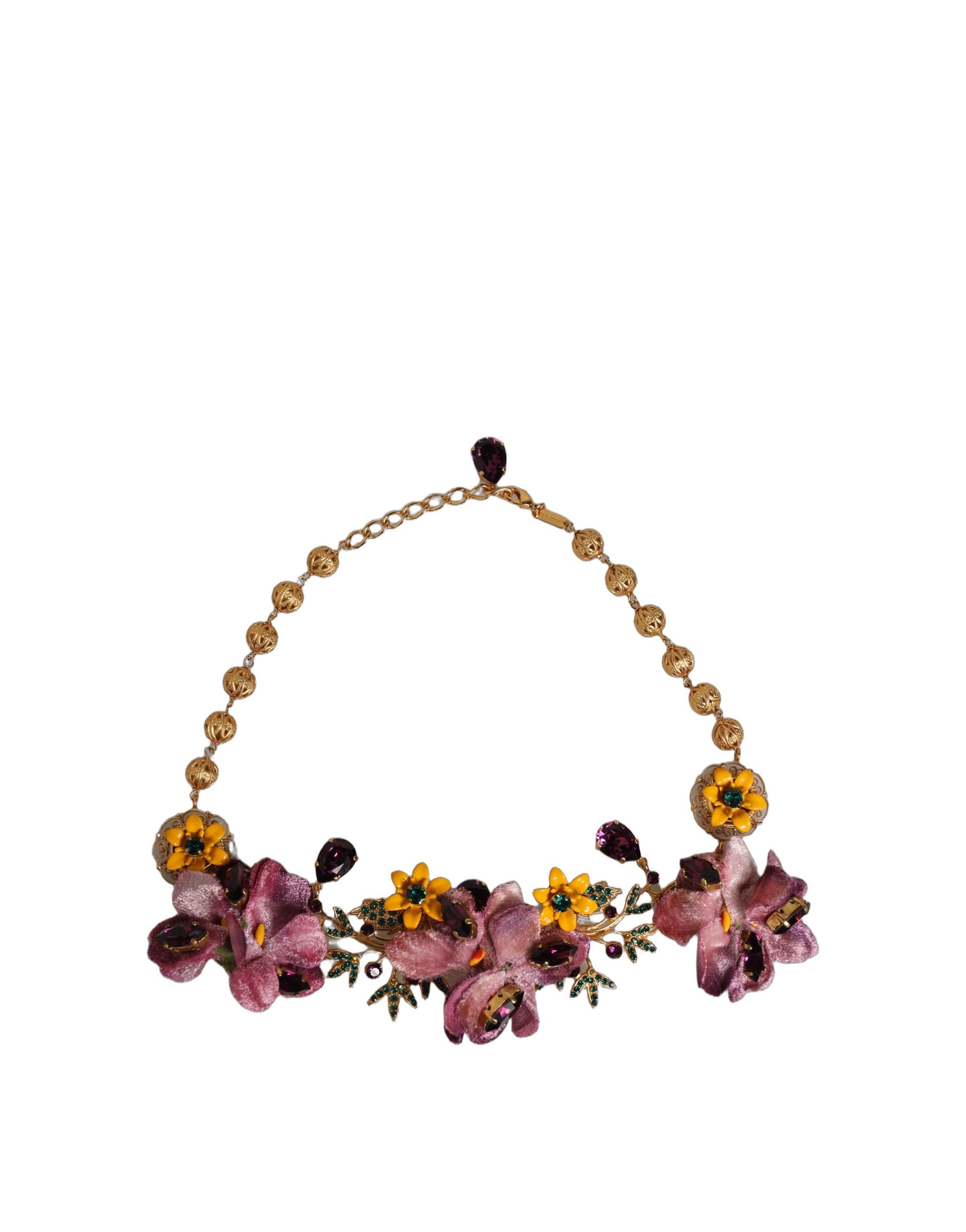 Dolce & Gabbana Gold Brass Mix Fiori Flowers Crystal Chain Women's Necklace