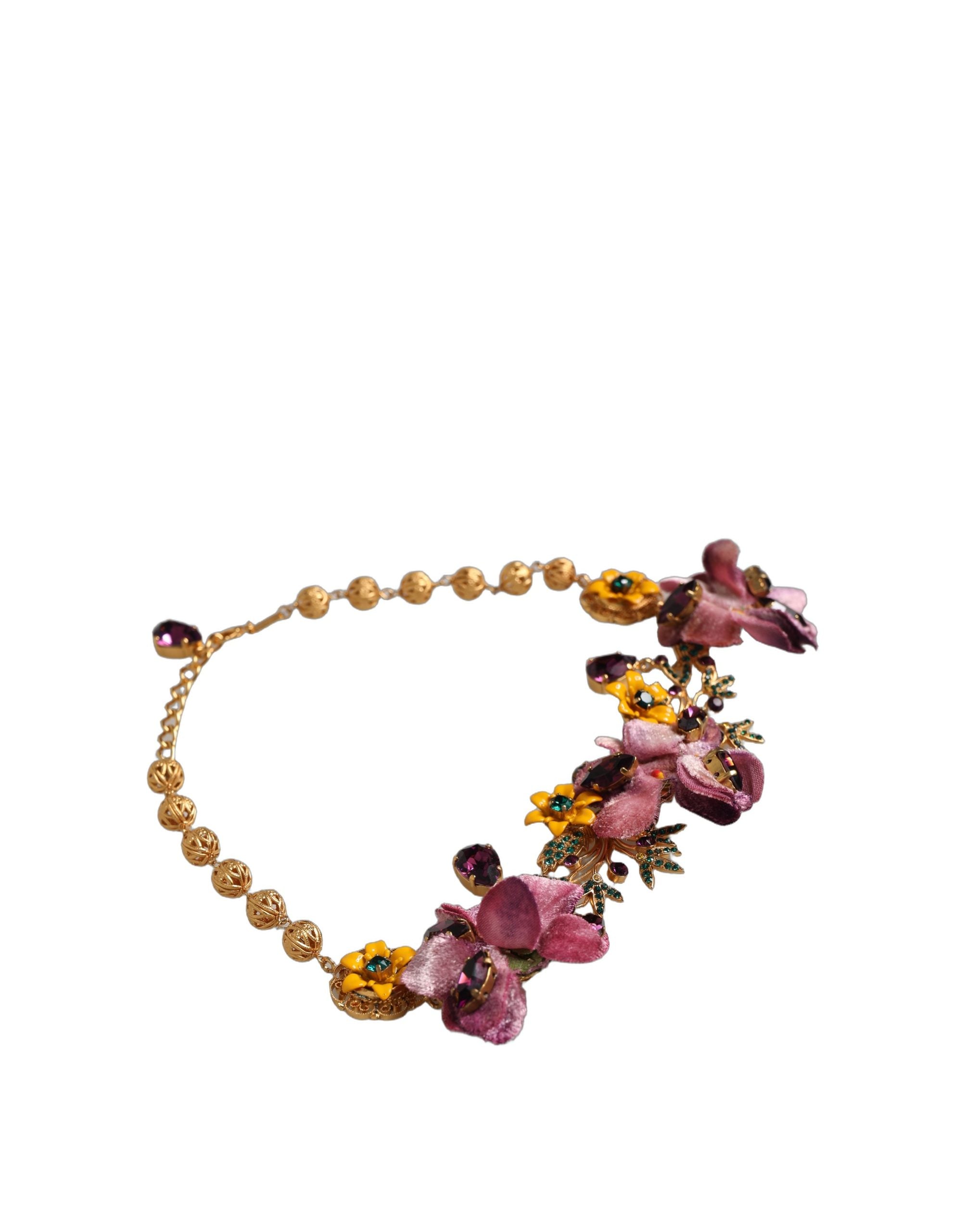 Dolce & Gabbana Gold Brass Mix Fiori Flowers Crystal Chain Women's Necklace