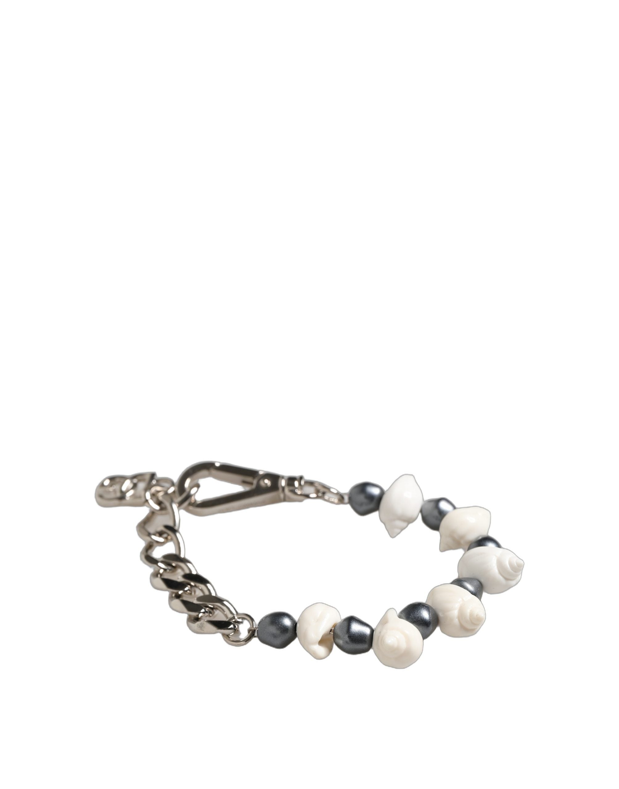 Dolce & Gabbana Silver Tone Brass Beaded Shell DG Logo Pendant Women's Bracelet