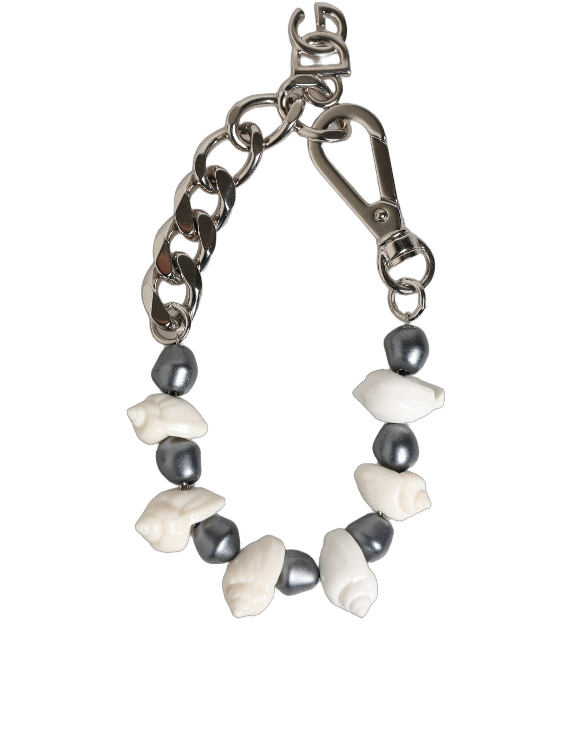 Dolce & Gabbana Silver Tone Brass Beaded Shell DG Logo Pendant Women's Bracelet