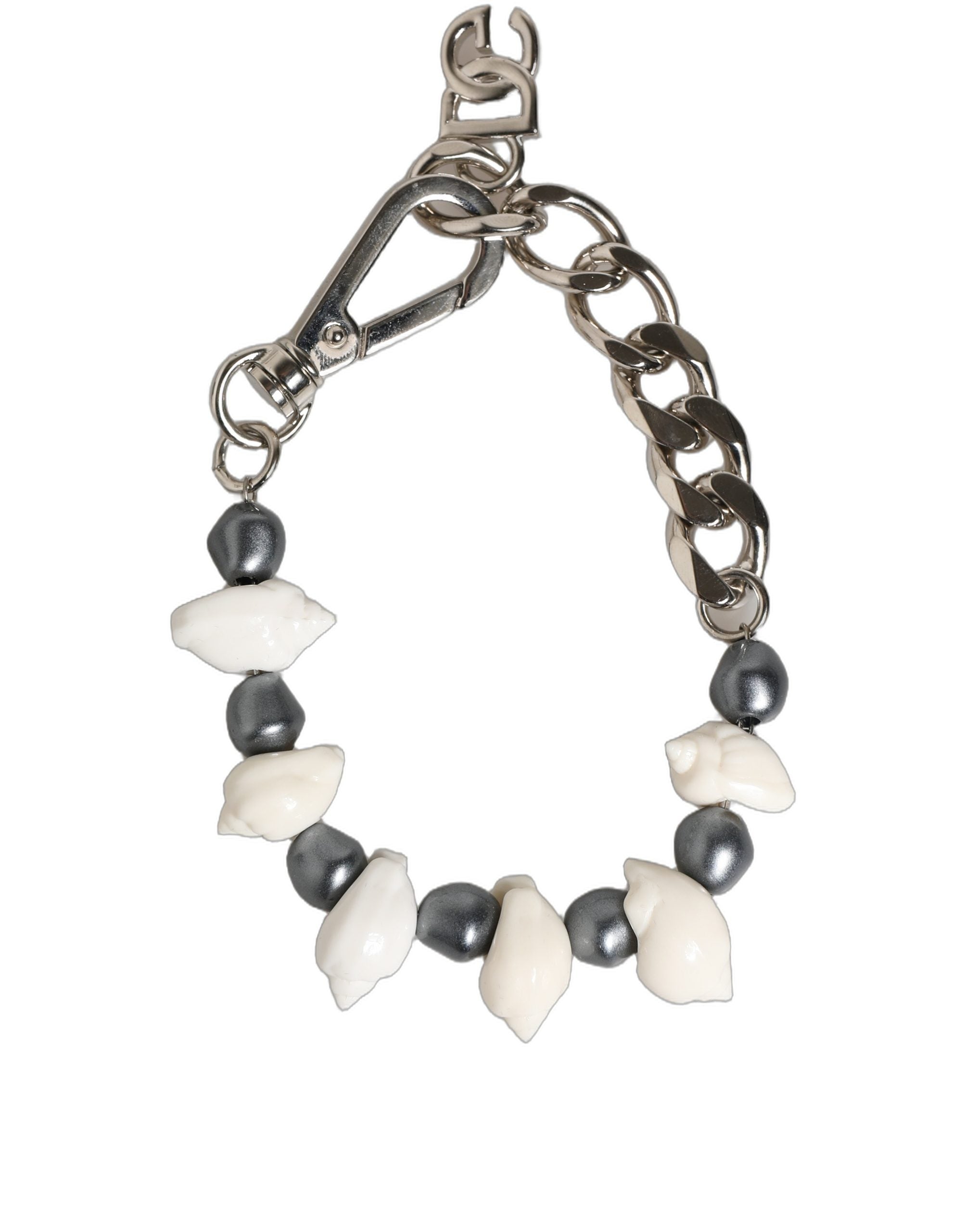 Dolce & Gabbana Silver Tone Brass Beaded Shell DG Logo Pendant Women's Bracelet