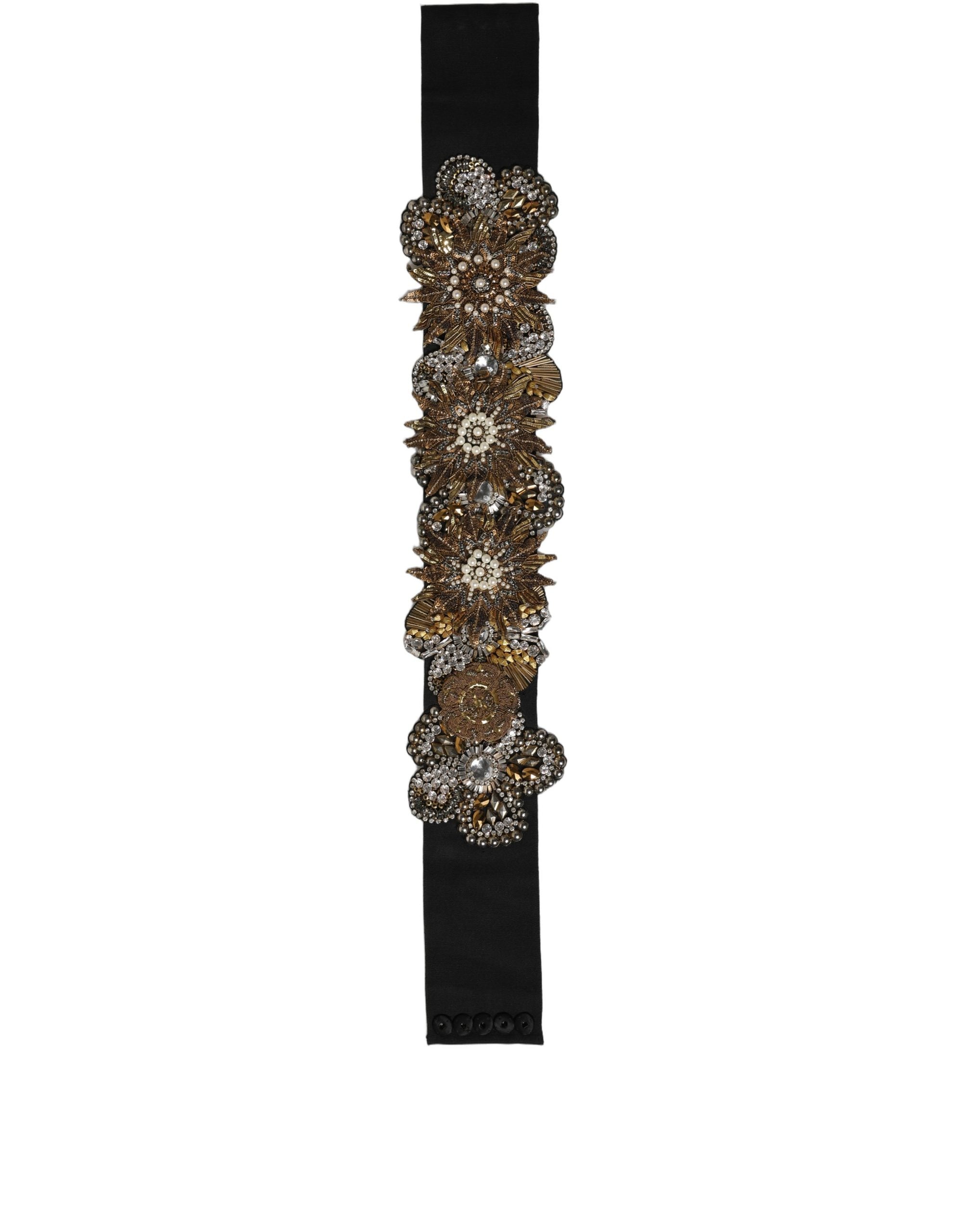 Dolce & Gabbana Black Gold Tone Crystal Brass Flower Brooches Women's Belt