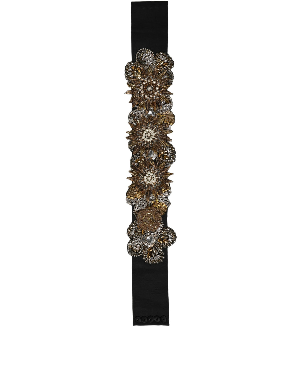 Dolce & Gabbana Black Gold Tone Crystal Brass Flower Brooches Women's Belt