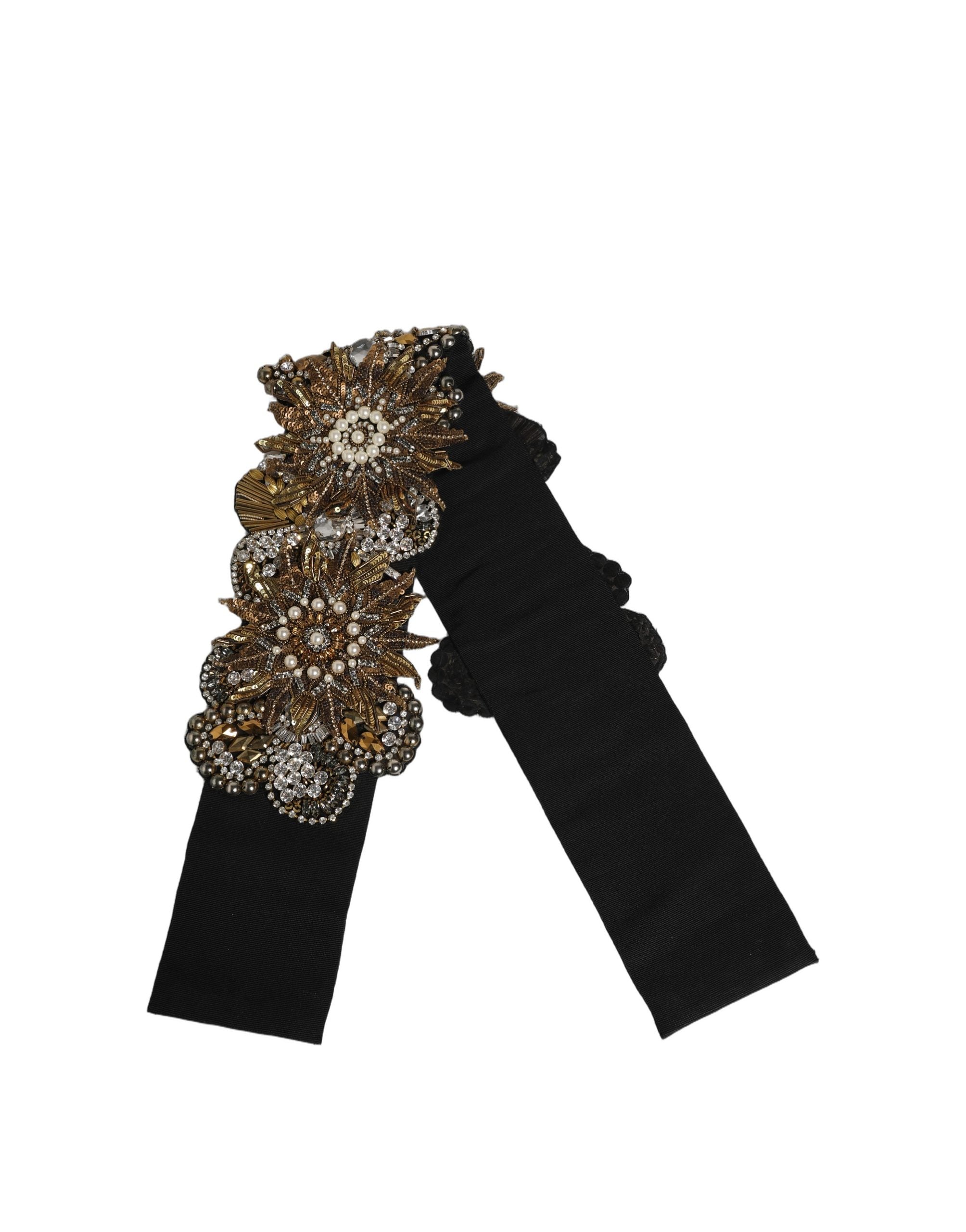 Dolce & Gabbana Black Gold Tone Crystal Brass Flower Brooches Women's Belt