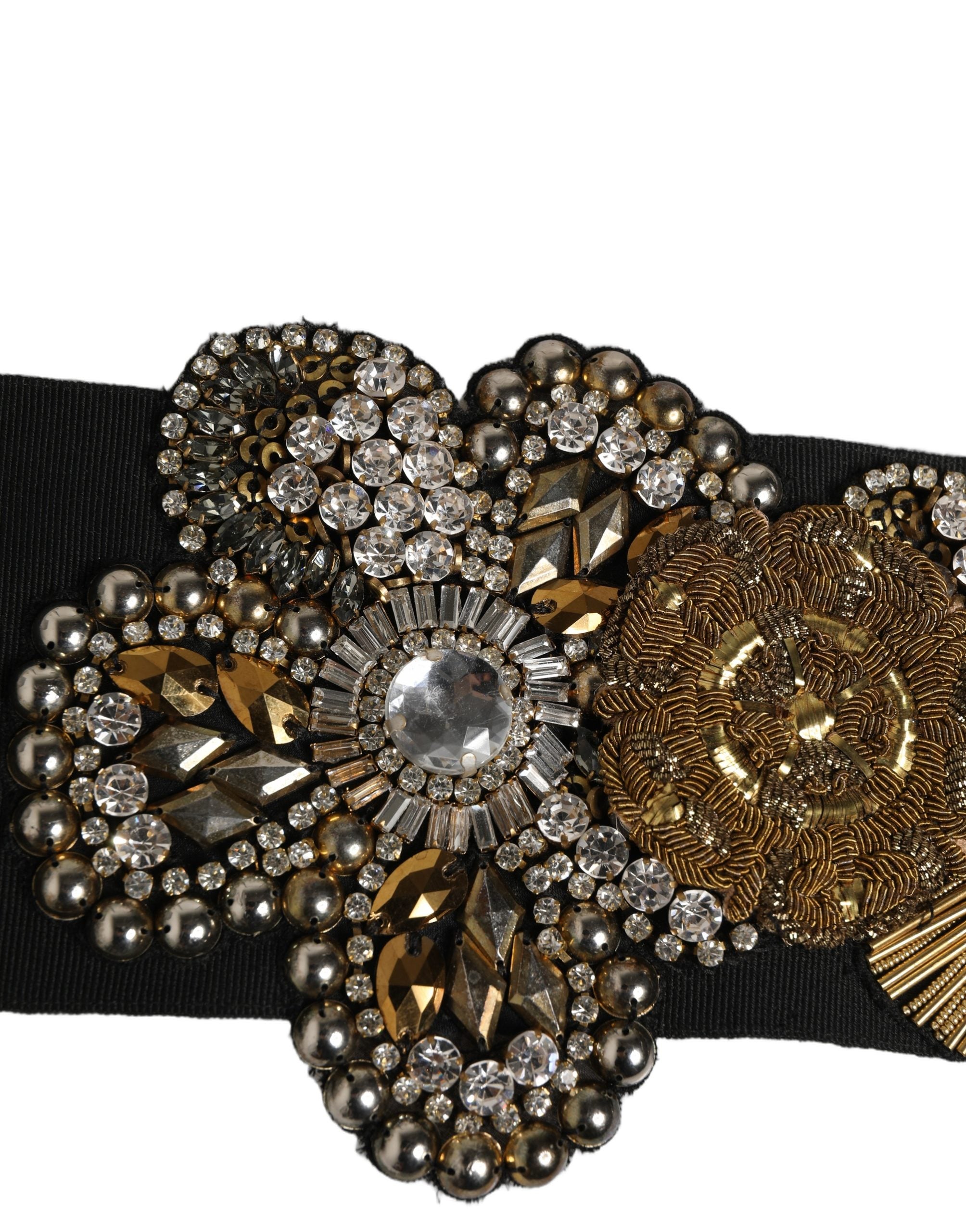 Dolce & Gabbana Black Gold Tone Crystal Brass Flower Brooches Women's Belt