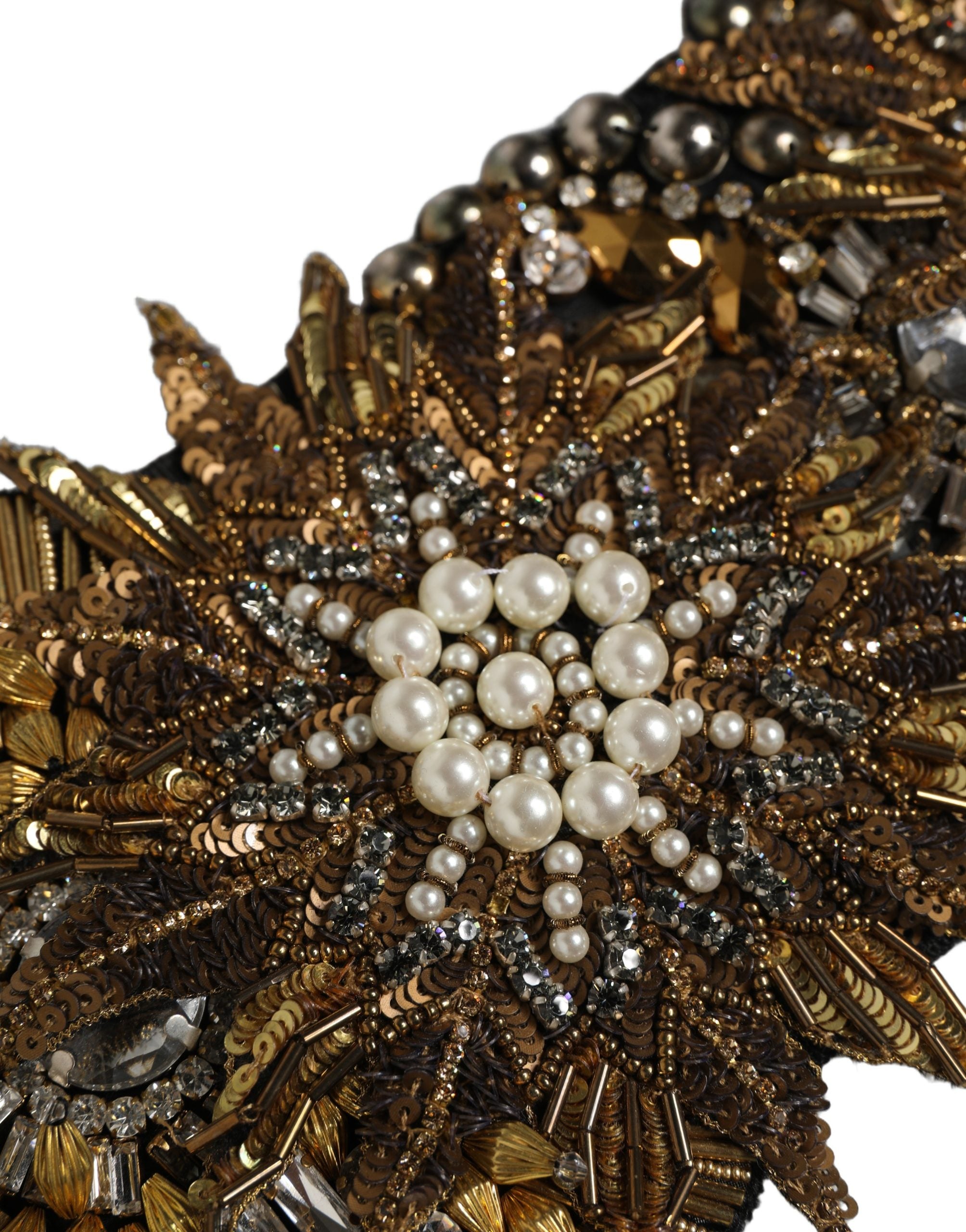 Dolce & Gabbana Black Gold Tone Crystal Brass Flower Brooches Women's Belt